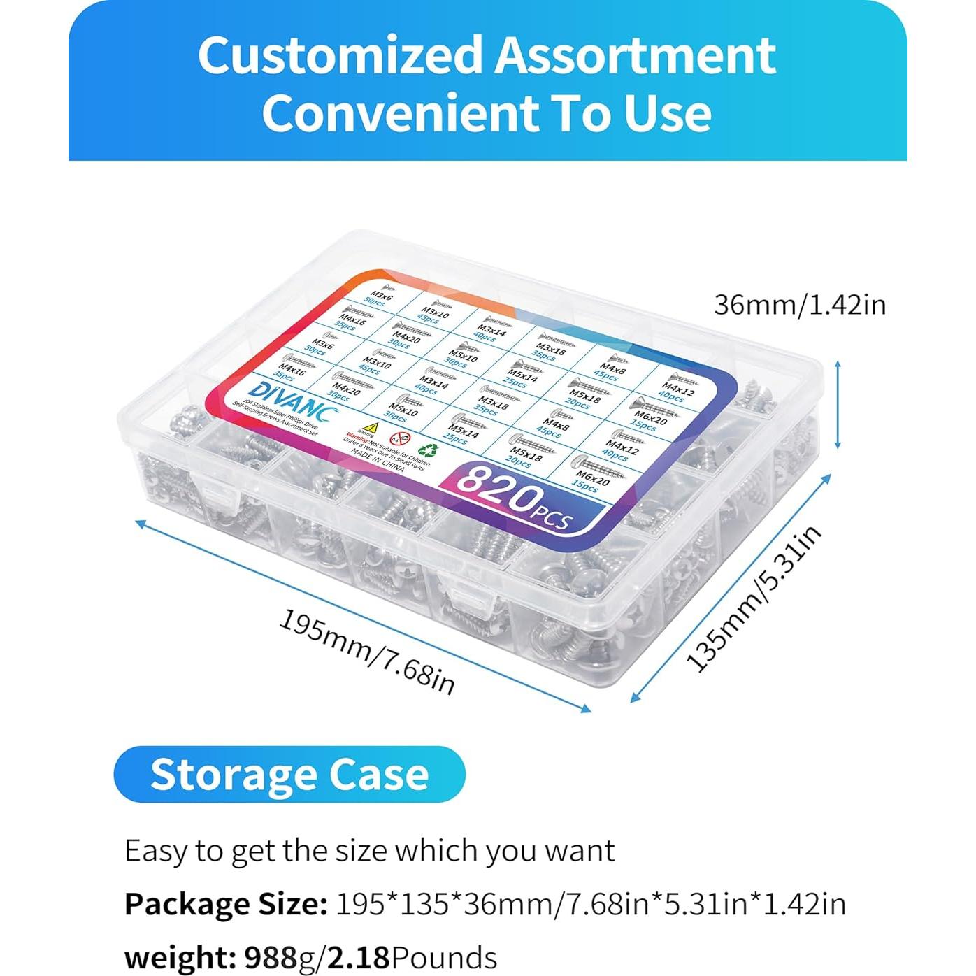 Juego de Tornillos de Madera DIVANC 820PCS M3 M4 M5 M6 Acero Inox