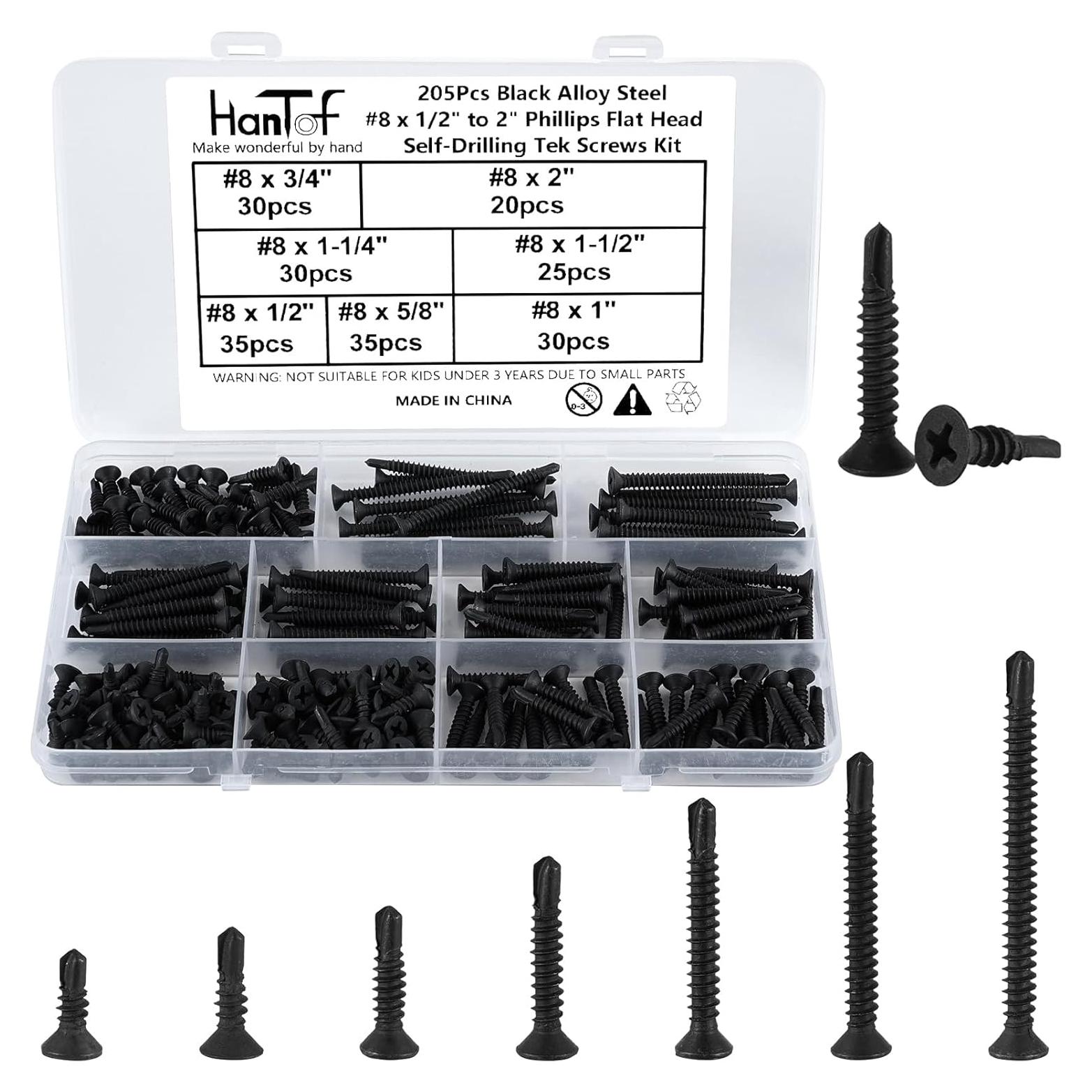 205 Tornillos Autoperforantes Cabeza Plana HanTof 8# Negro