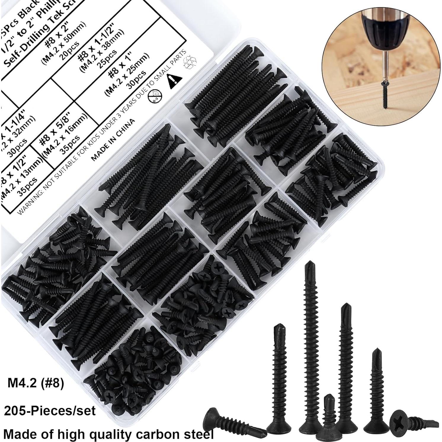 205 Tornillos Autoperforantes Cabeza Plana HanTof 8# Negro
