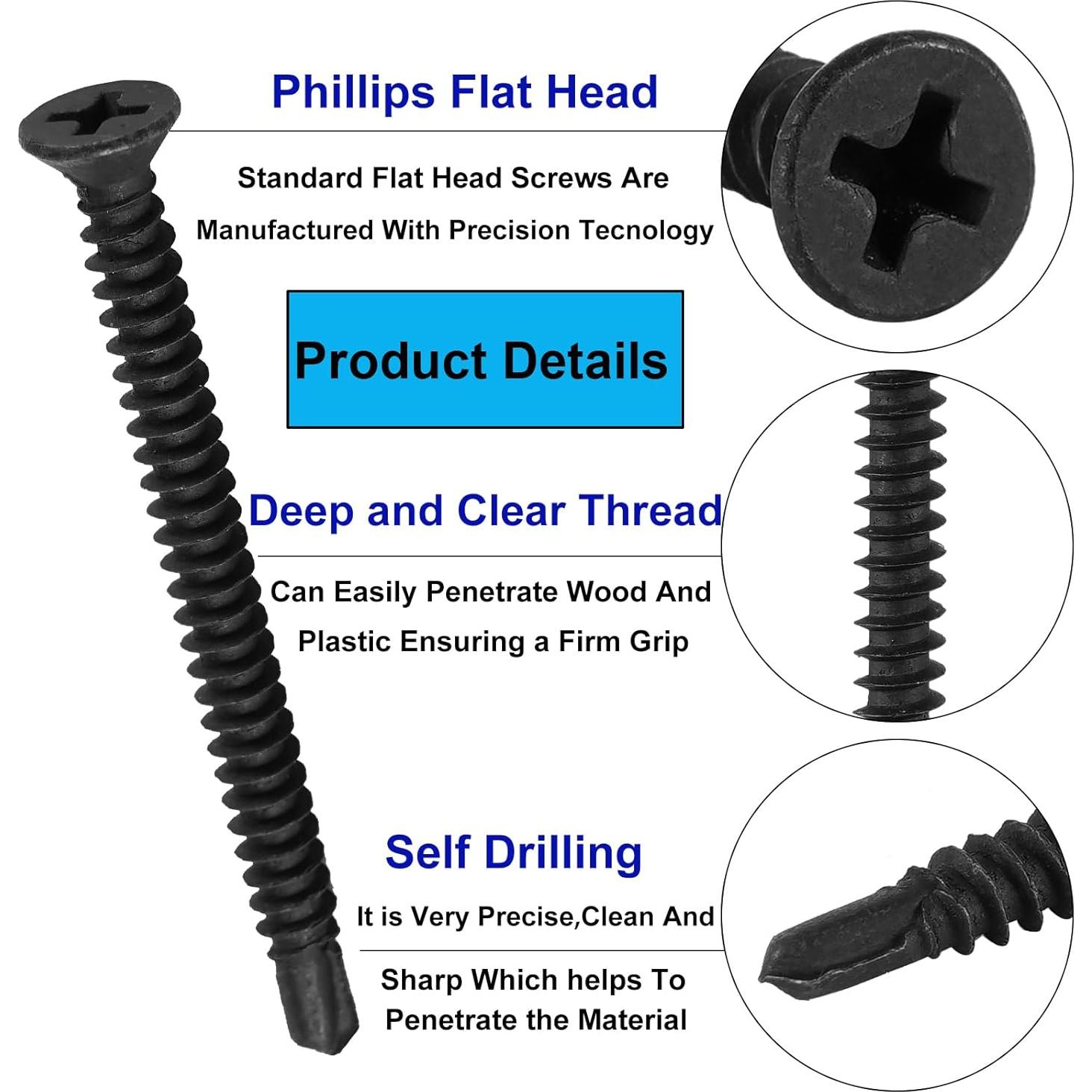 205 Tornillos Autoperforantes Cabeza Plana HanTof 8# Negro