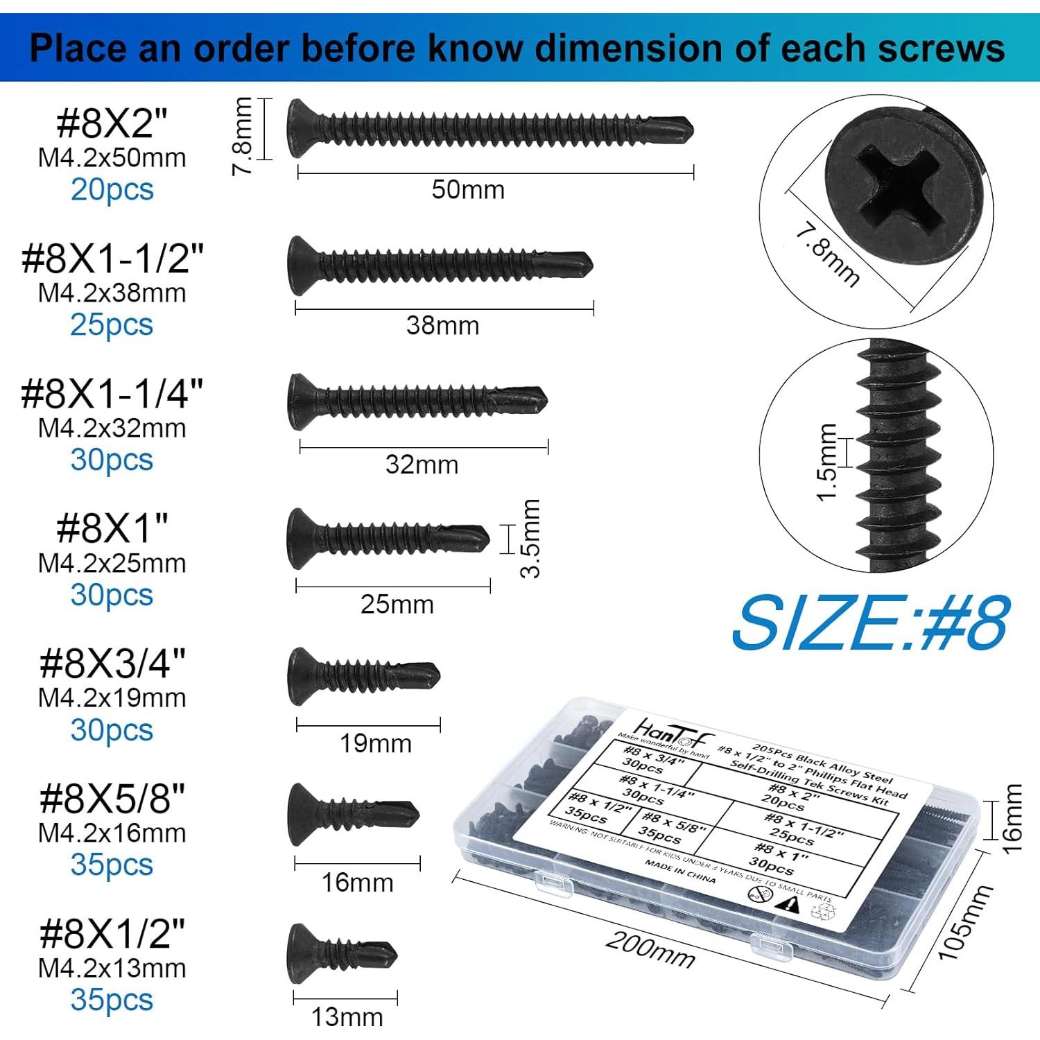 205 Tornillos Autoperforantes Cabeza Plana HanTof 8# Negro