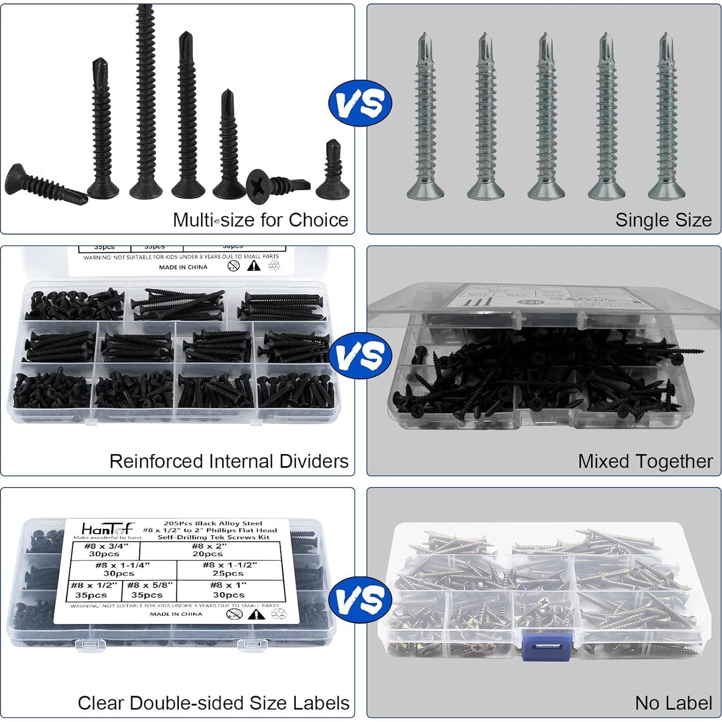 205 Tornillos Autoperforantes Cabeza Plana HanTof 8# Negro