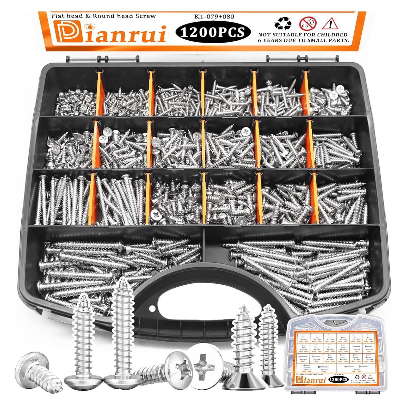 Kit de Tornillos de Madera 1200 PCS Dianrui M3/M4/M5/M6 Acero Inoxidable
