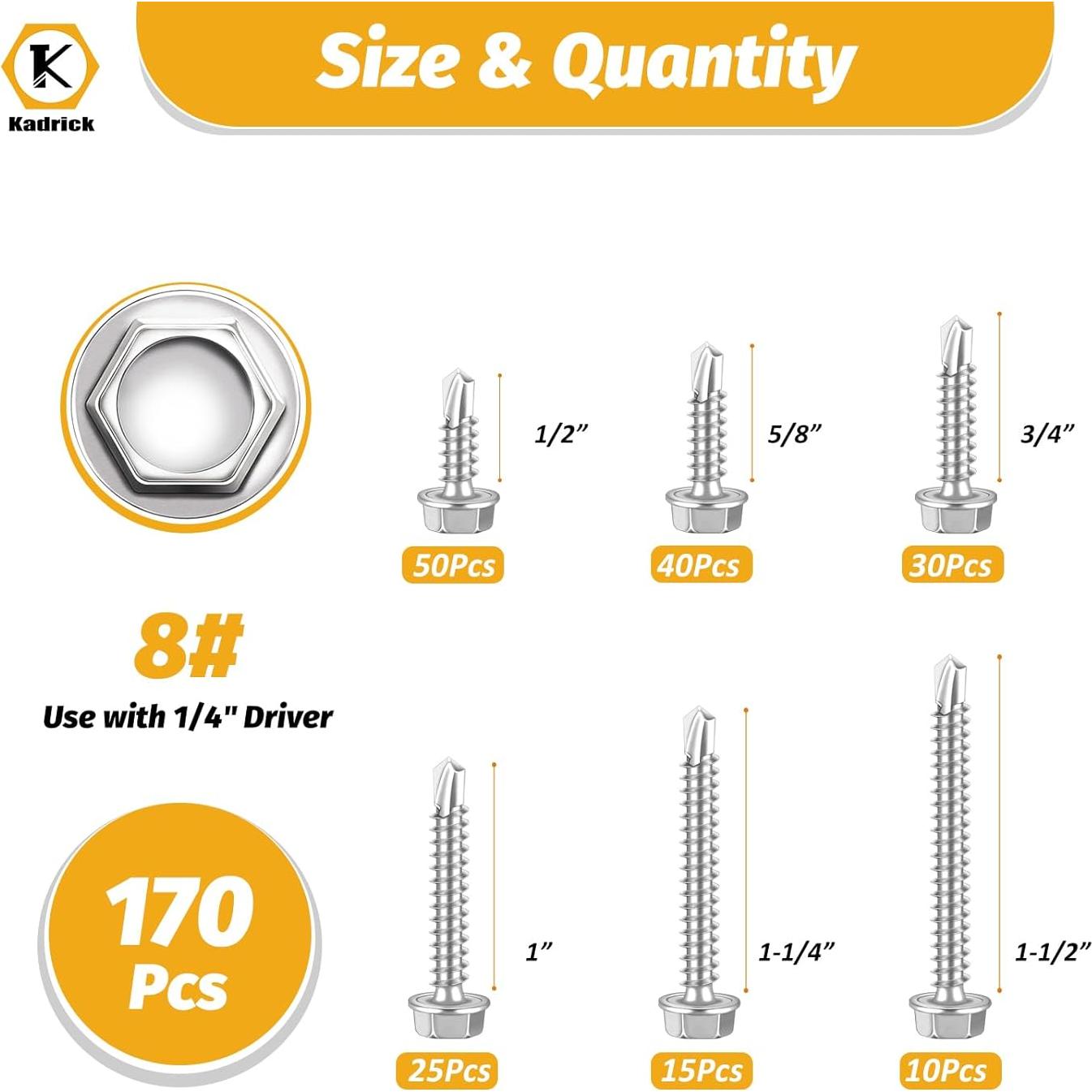 Kit de Tornillos Autoperforantes Kadrick 170 Piezas Acero Inoxidable