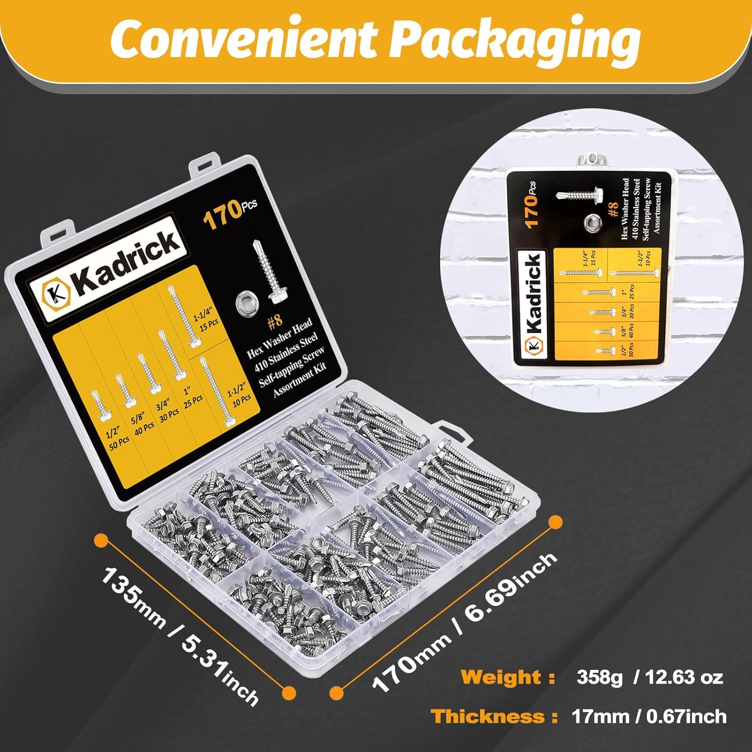 Kit de Tornillos Autoperforantes Kadrick 170 Piezas Acero Inoxidable