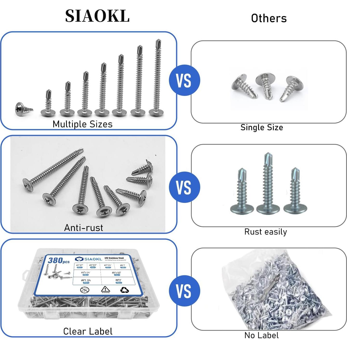 Kit de 380 Tornillos Autoperforantes SIAOKL Acero Inoxidable 410