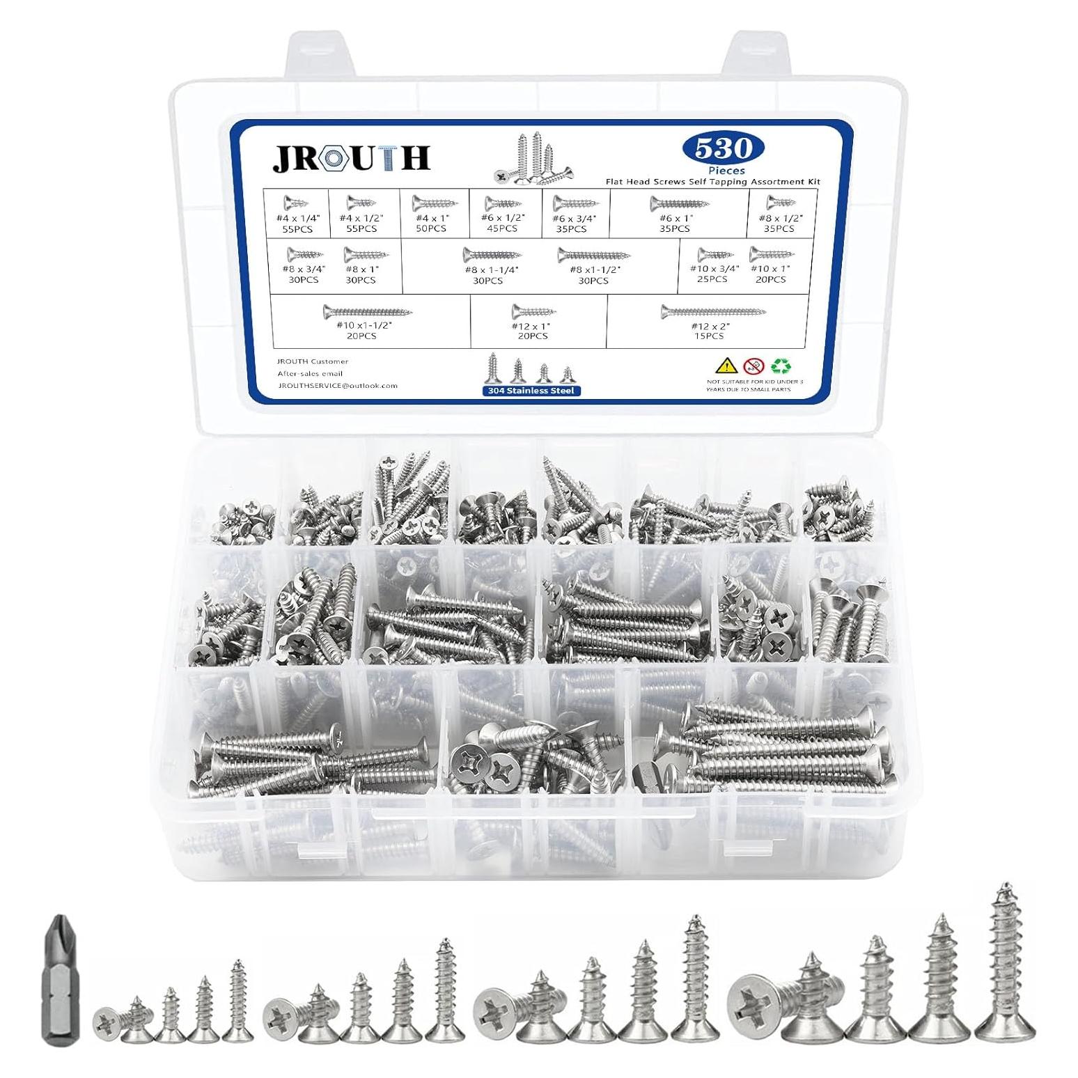 Conjunto de Tornillos de Madera JROUTH 530 Pcs Acero Inoxidable