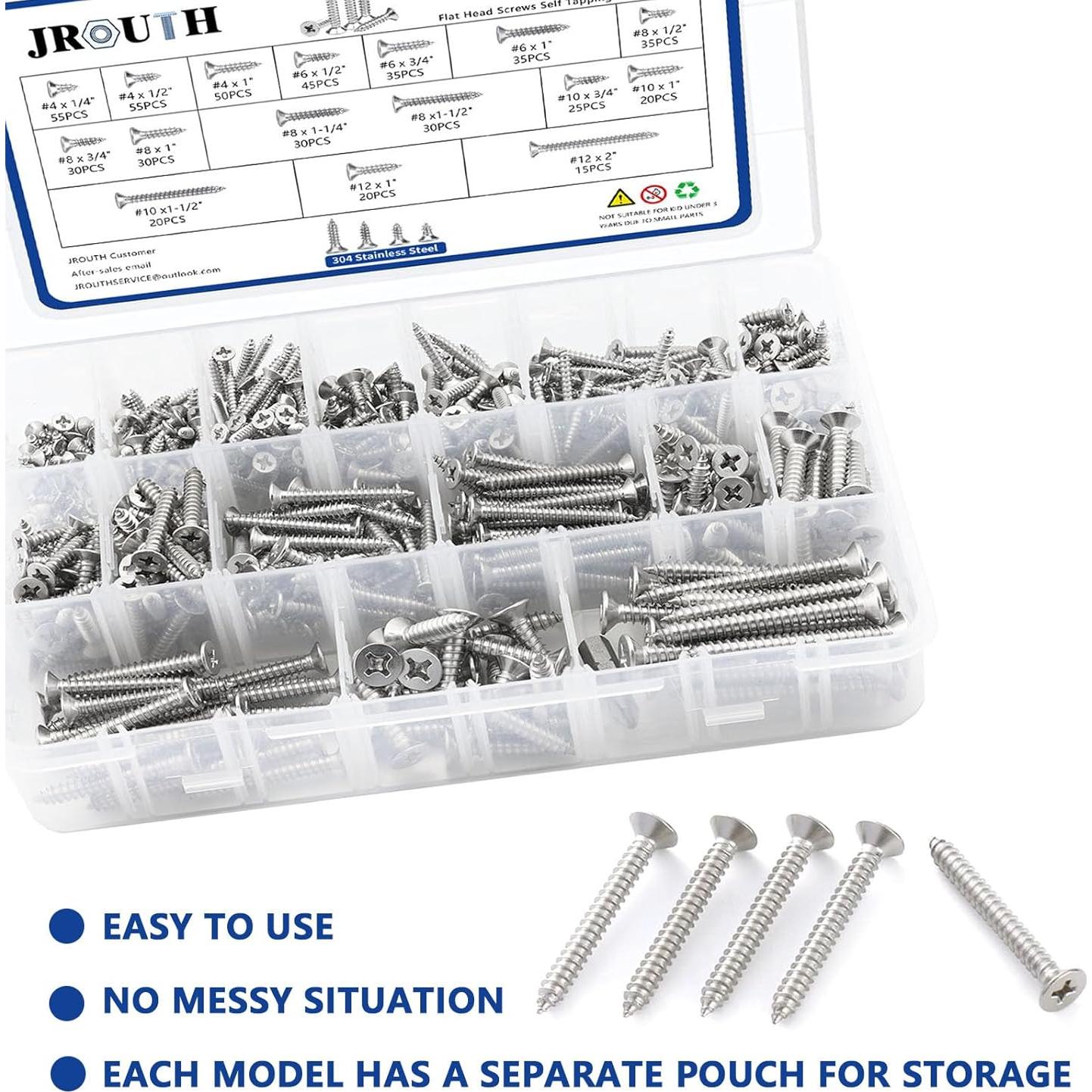 Conjunto de Tornillos de Madera JROUTH 530 Pcs Acero Inoxidable