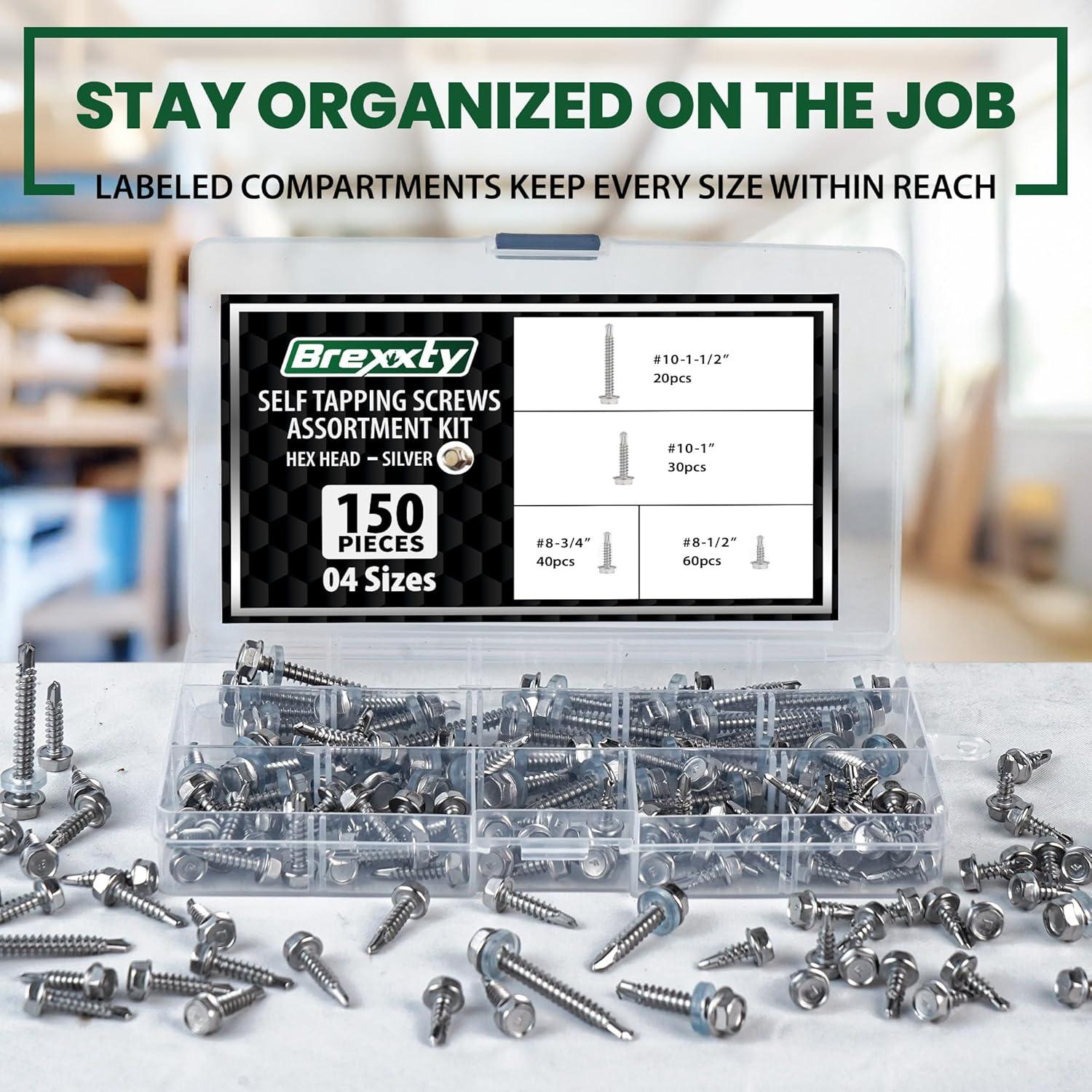 150 Tornillos Autoperforantes Acero Inoxidable Brexxty - #8 y #10