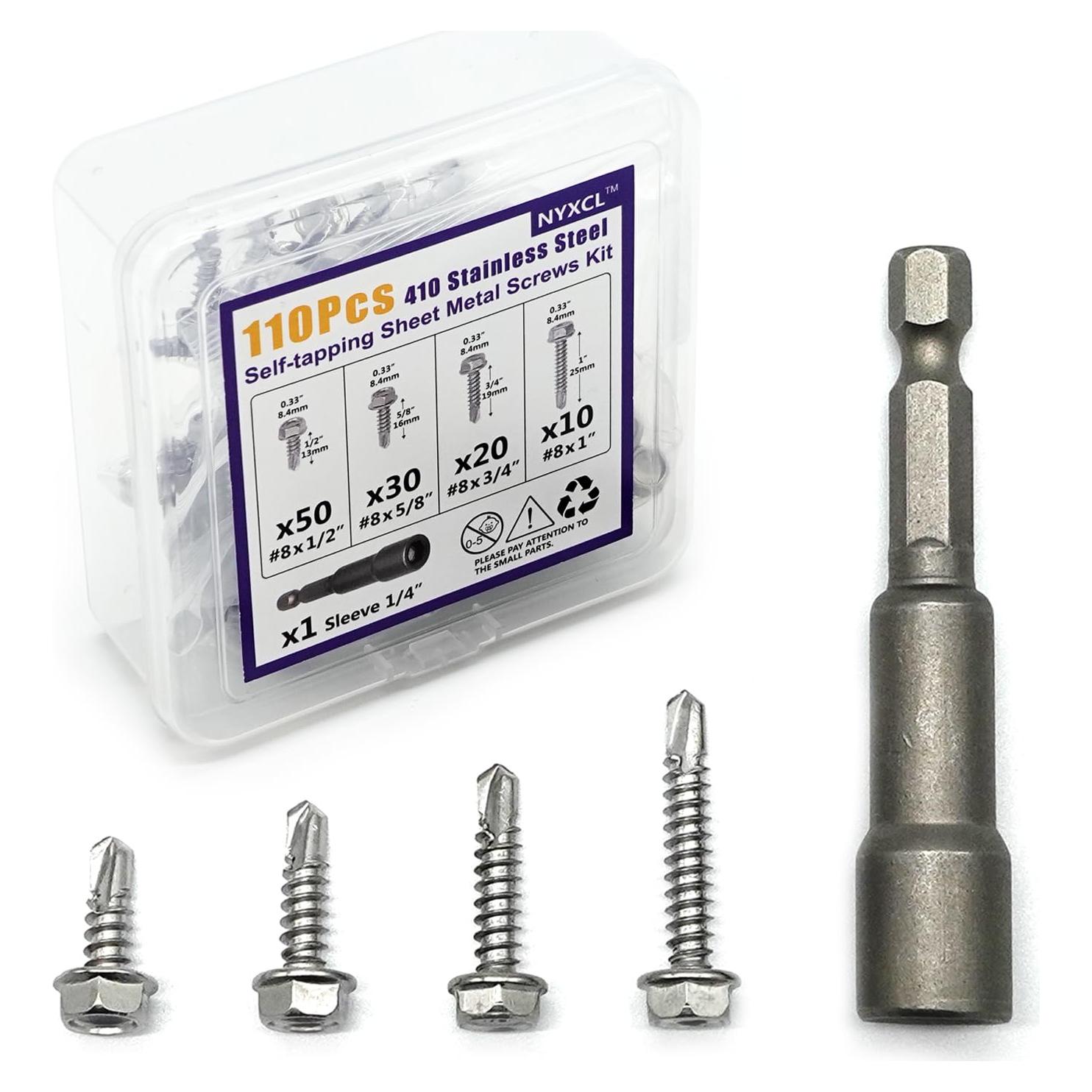 Kit 110 Tornillos Autoperforantes Acero Inoxidable 410 #8