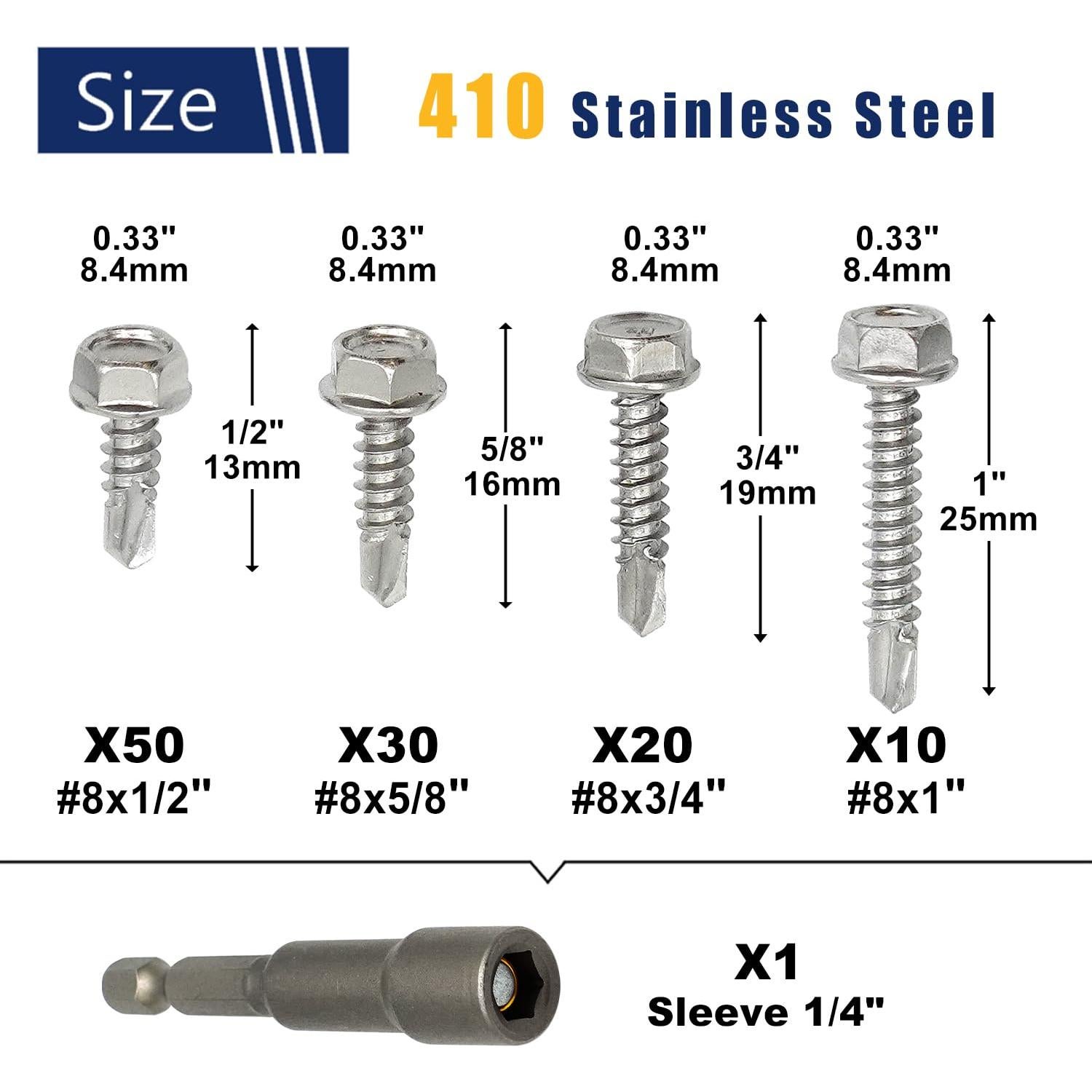 Kit 110 Tornillos Autoperforantes Acero Inoxidable 410 #8