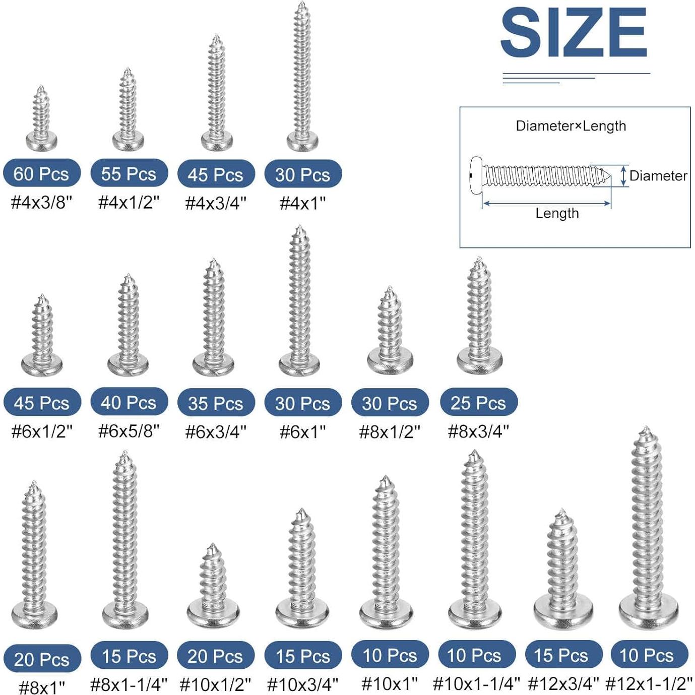 Kit de Tornillos Autoperforantes de Acero Inoxidable 304 - 510 Pcs