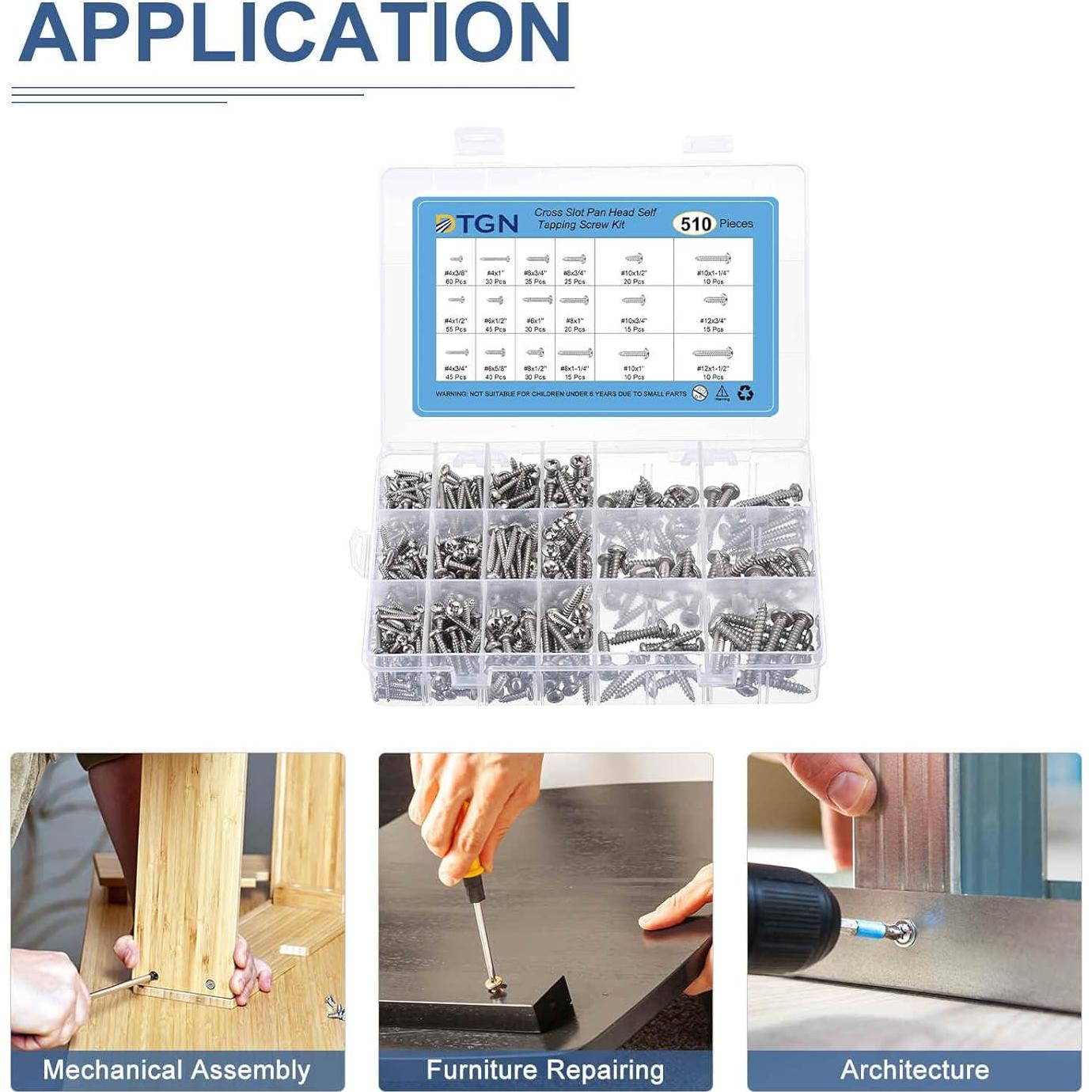 Kit de Tornillos Autoperforantes de Acero Inoxidable 304 - 510 Pcs