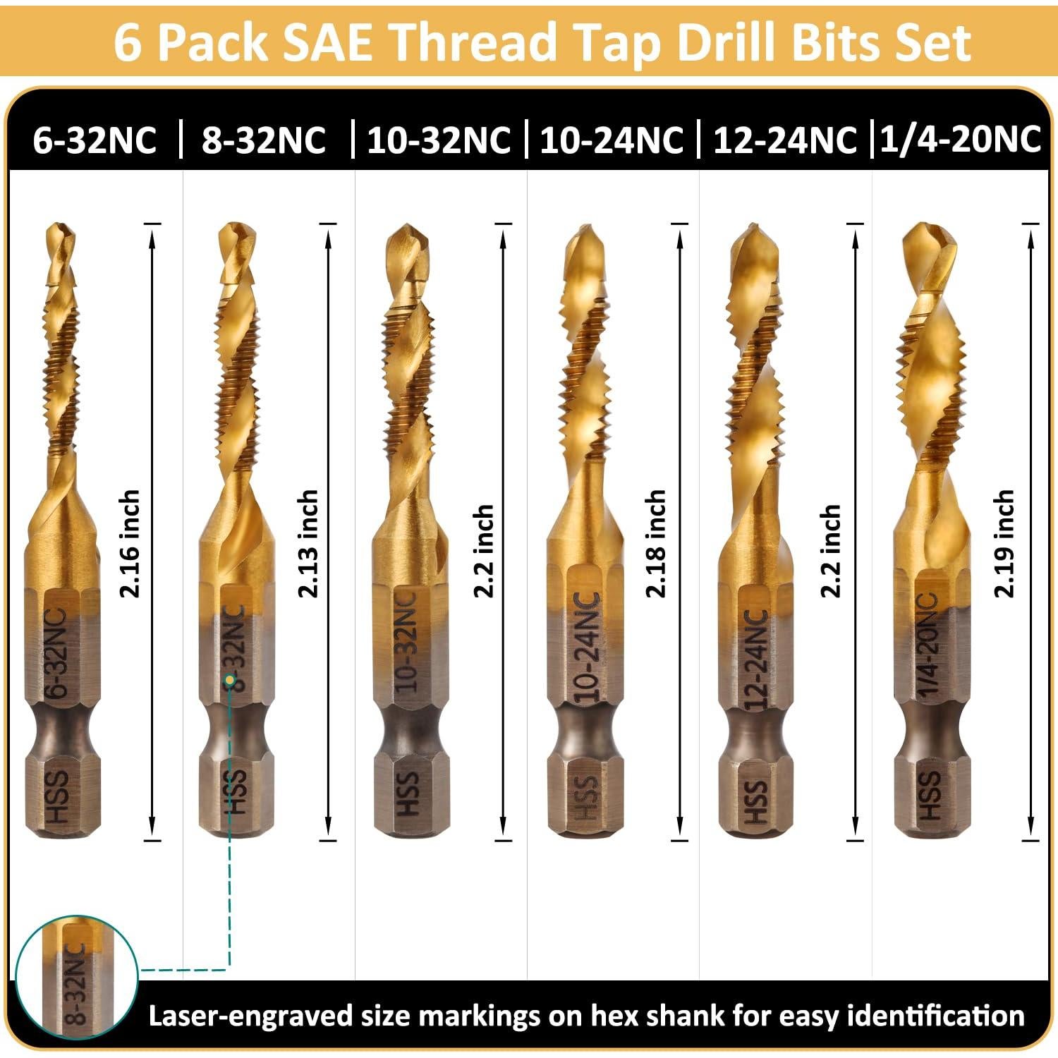 Juego de Brocas y Machos de Rosca Titanio 6 Piezas HSS 4341