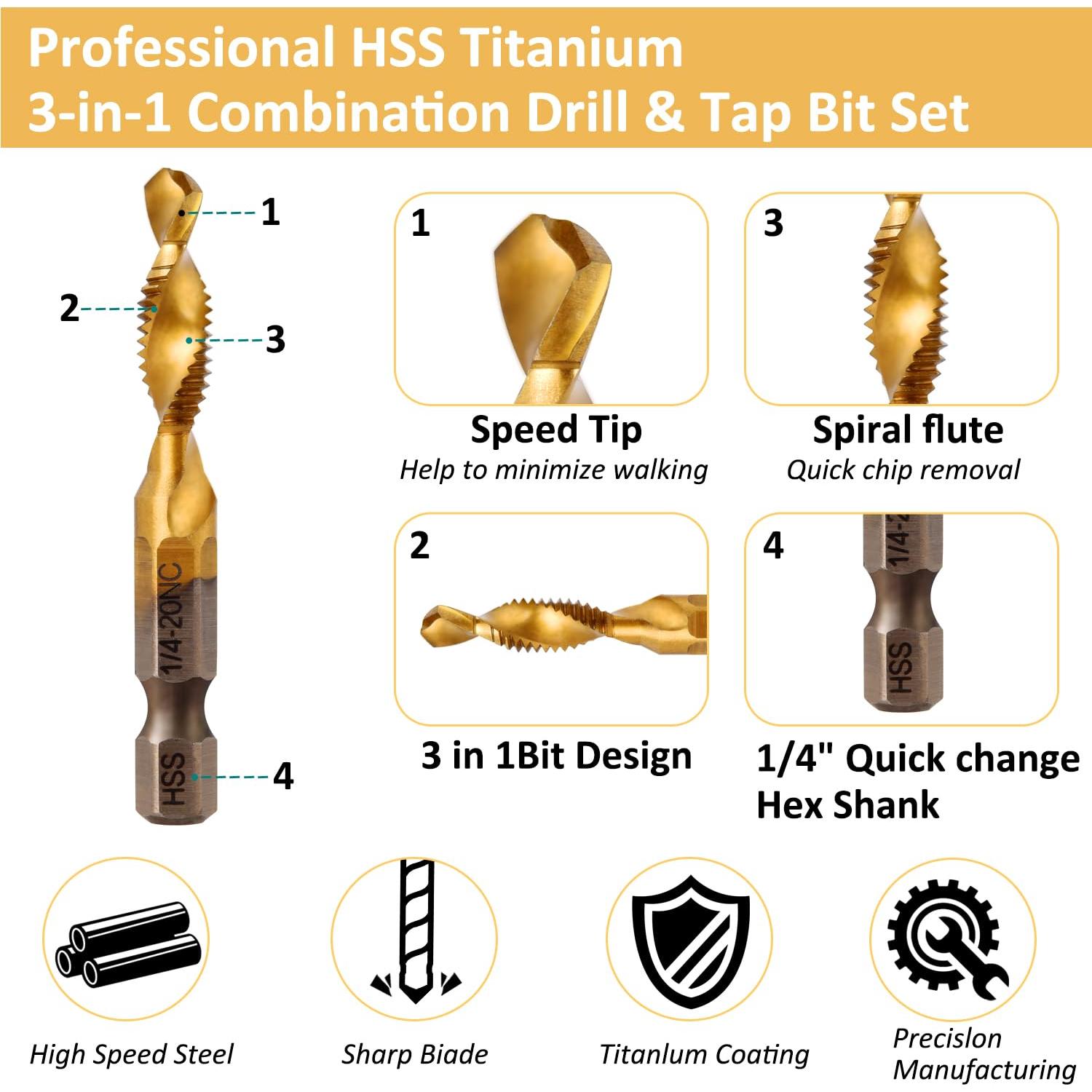 Juego de Brocas y Machos de Rosca Titanio 6 Piezas HSS 4341