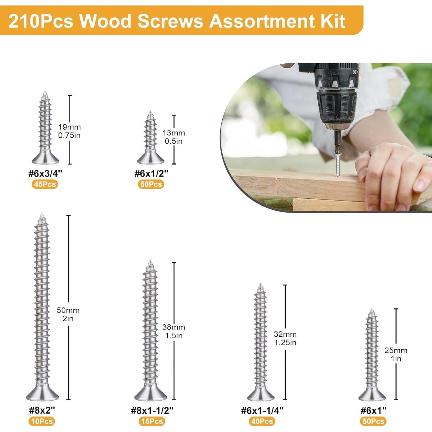 Kit de Tornillos de Madera VGBUY 210 Piezas Acero Inoxidable