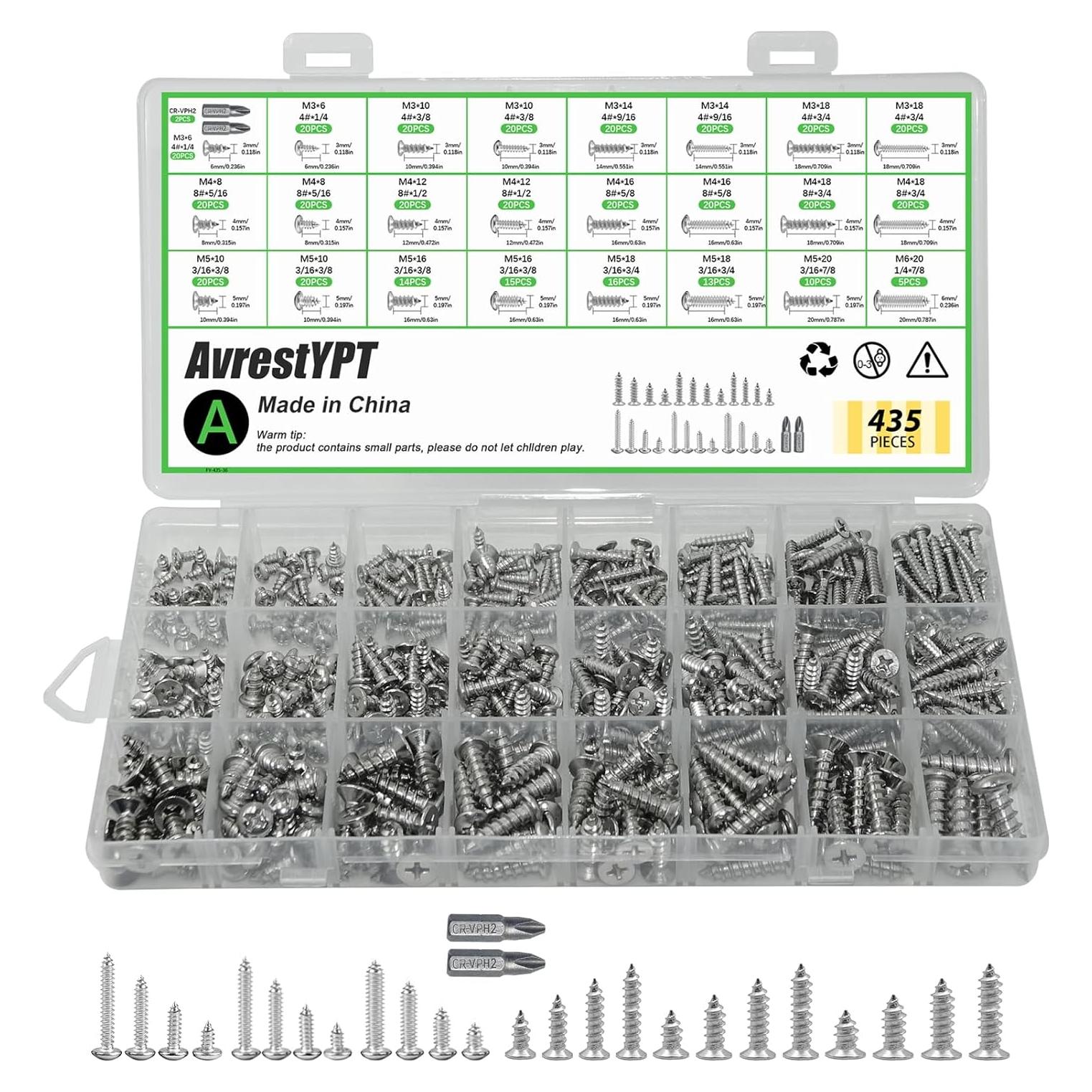 Juego de 435 Tornillos Autoperforantes Acero Inoxidable 304 M3-M6