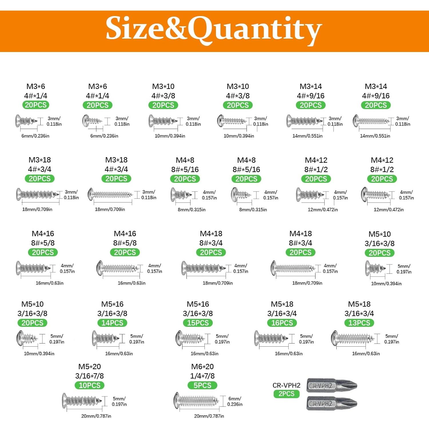 Juego de 435 Tornillos Autoperforantes Acero Inoxidable 304 M3-M6