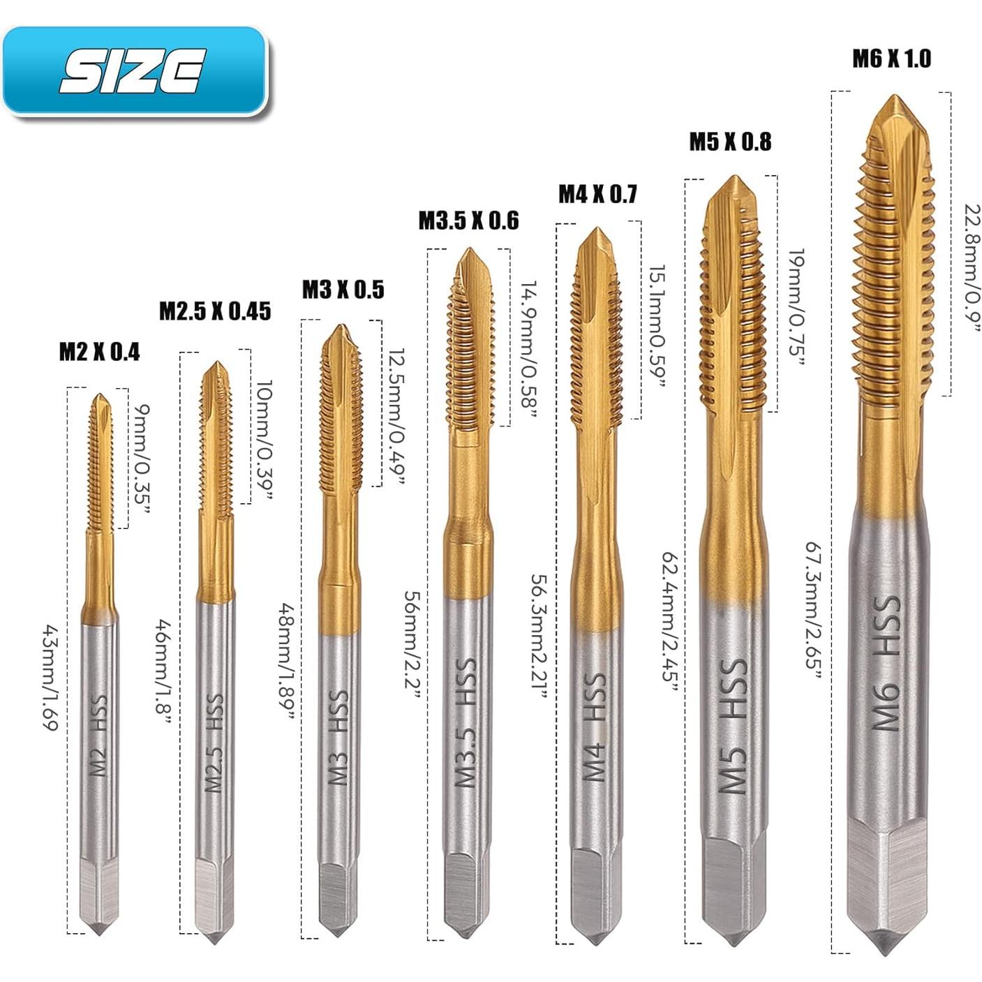 Juego de 7 brocas de rosca M2 a M6 HSS con recubrimiento de titanio