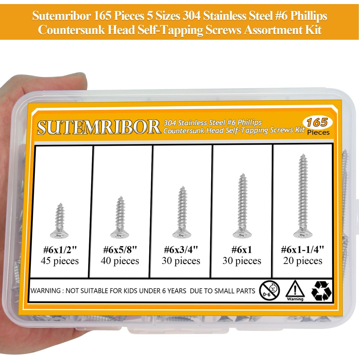 Juego de Tornillos de Madera Sutemribor 165 Piezas #6 Phillips