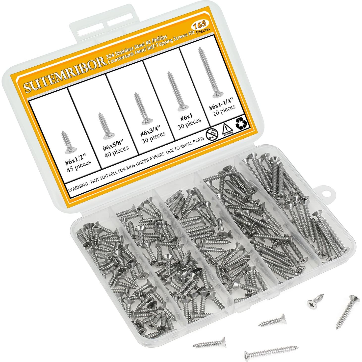 Juego de Tornillos de Madera Sutemribor 165 Piezas #6 Phillips