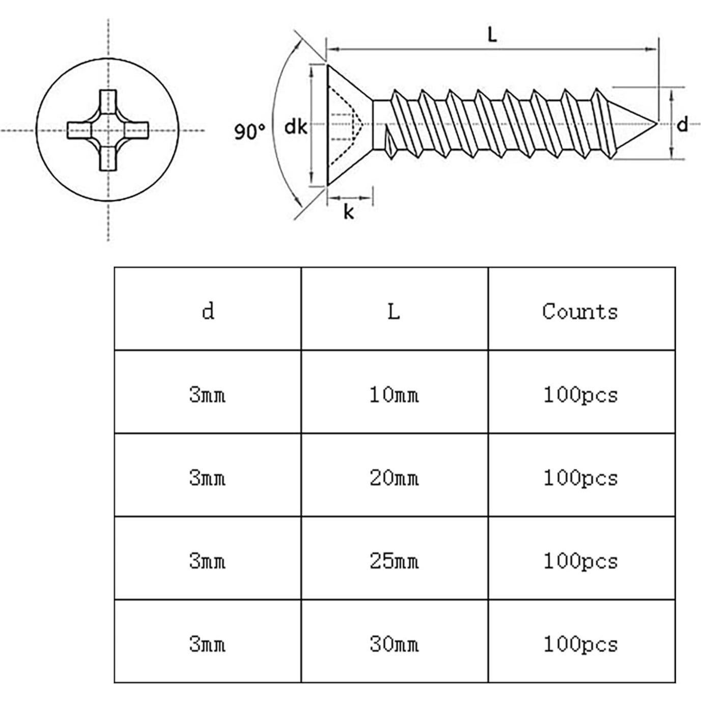 Juego de Tornillos Autoperforantes YIKANGHENG 400 Pcs M3