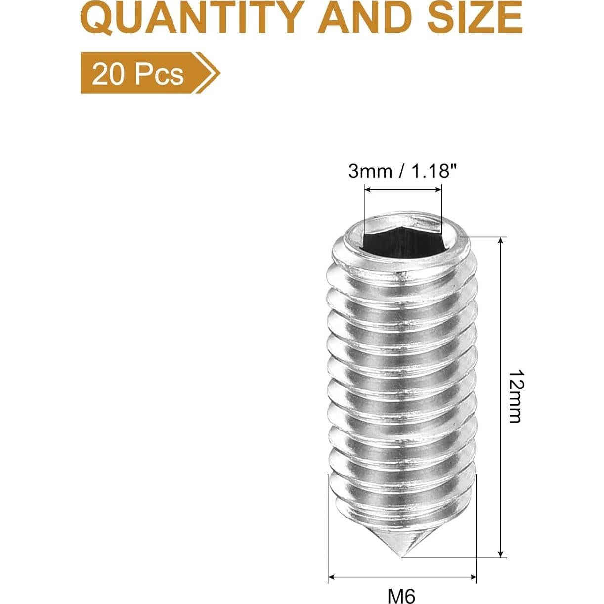 Juego de Tornillos Grub M6x12mm uxcell Acero Inoxidable 20Pcs