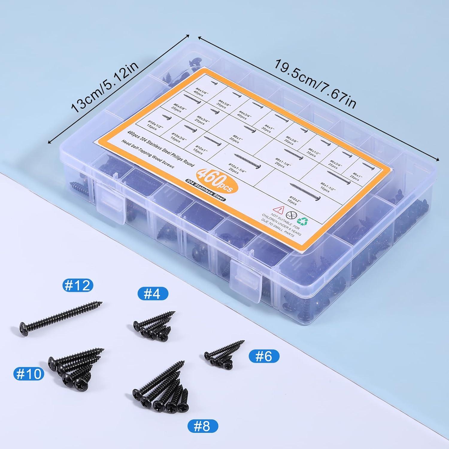 Kit de Tornillos de Madera COMNICO 460 Pcs Acero Inoxidable Negro