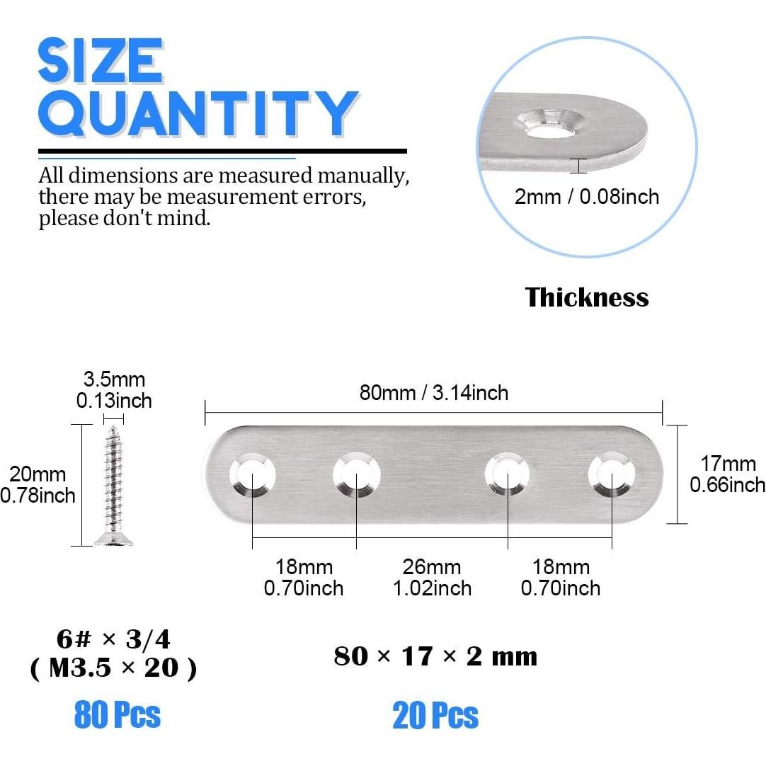 Glarks Soportes Planos Rectos Acero Inoxidable 80mm 20 Pcs
