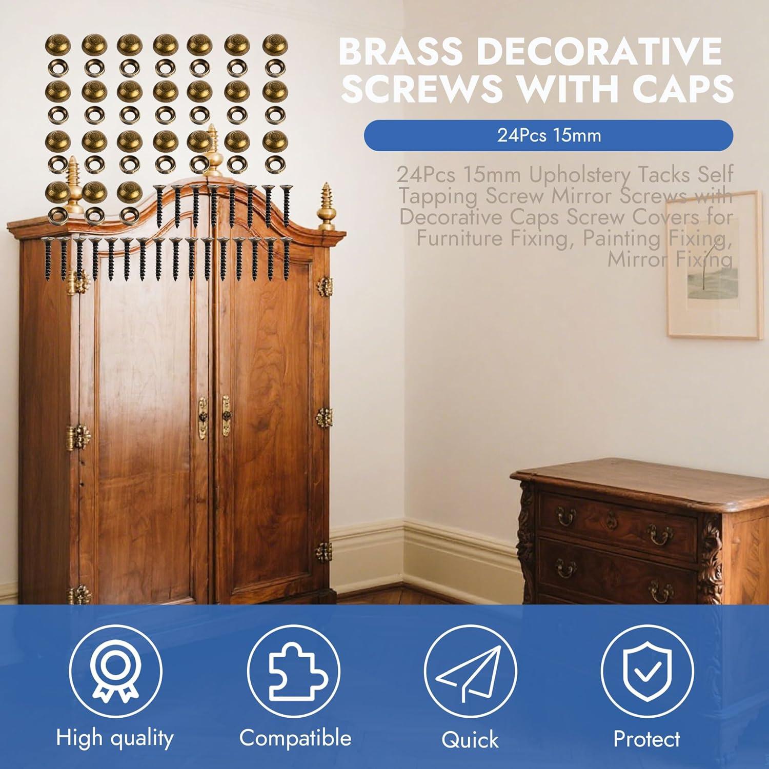 24 Tornillos Decorativos de Latón M4 25mm con Tapas y Destornillador