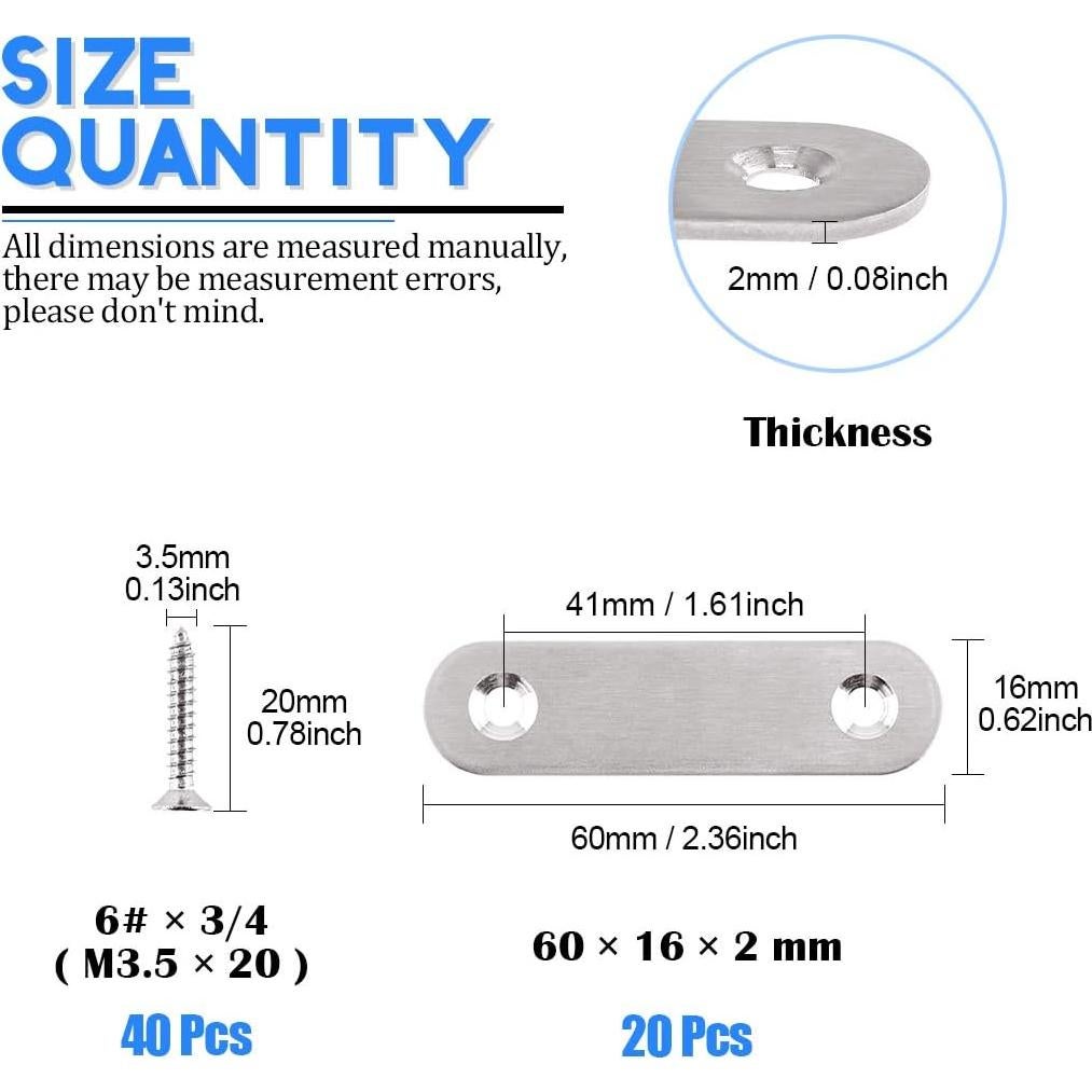 Glarks Soportes Planos Rectos de Acero Inoxidable 60mm - 20 Pcs