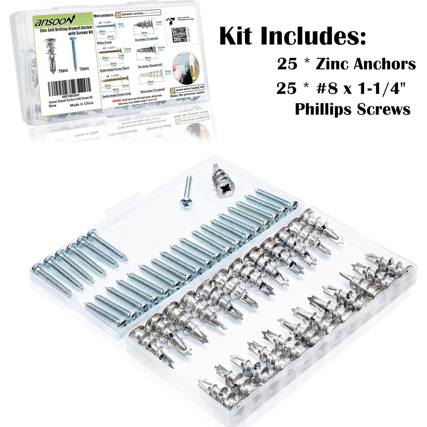 Anclajes de Yeso Autoperforantes Ansoon con Tornillos - 50 Piezas