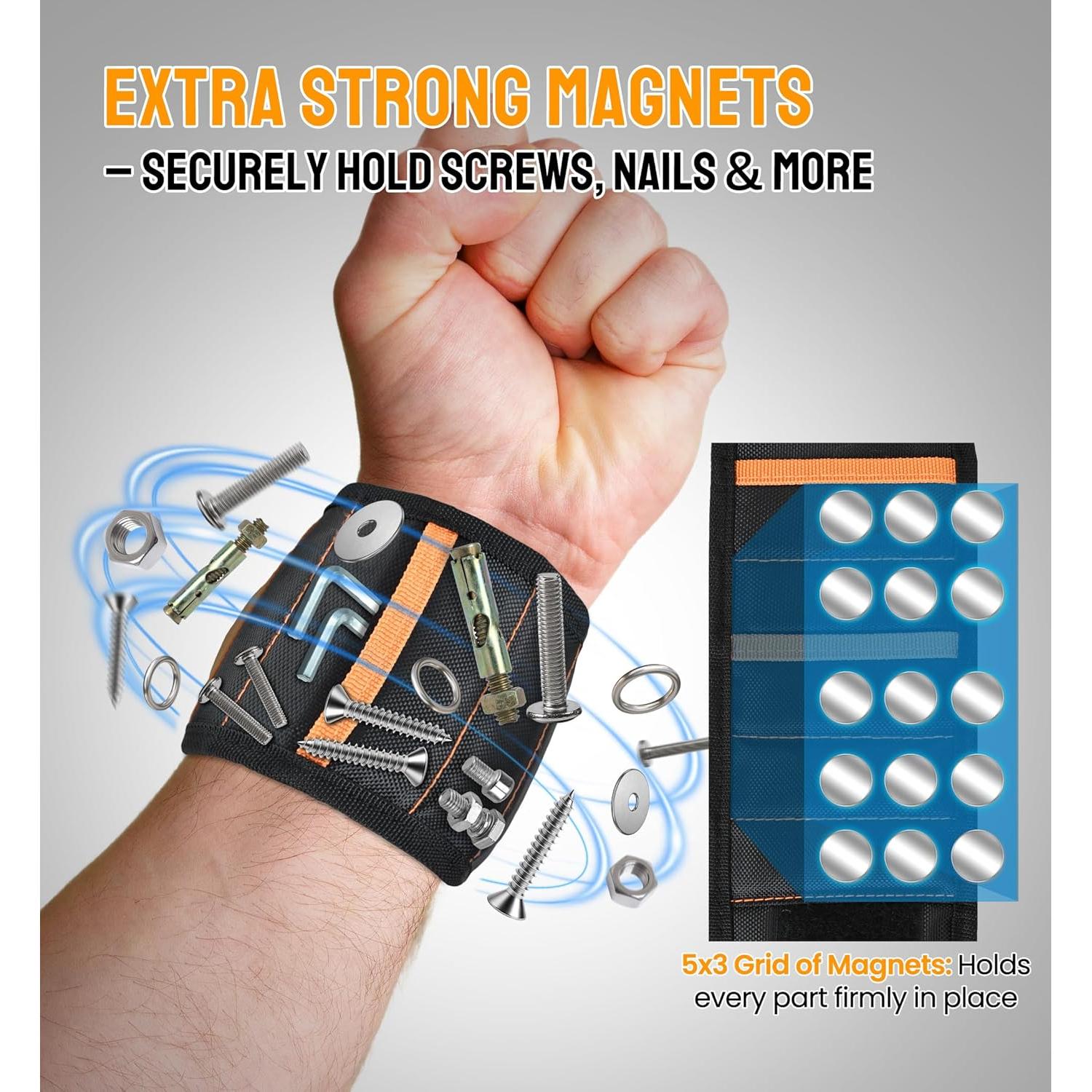 Pulsera Magnética HiRui - 15 Imanes Neodimio, 2 Bolsillos, Negro