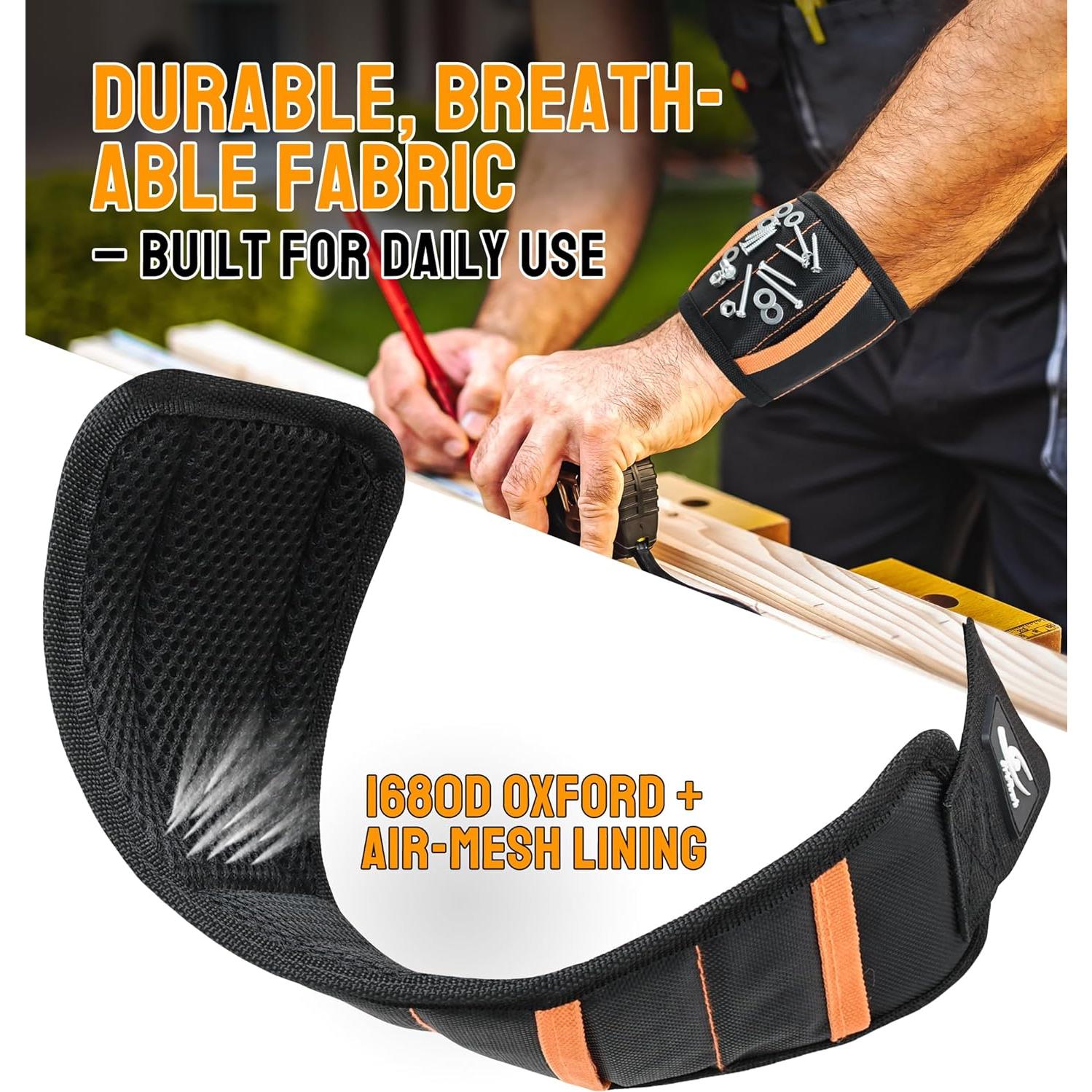 Pulsera Magnética HiRui - 15 Imanes Neodimio, 2 Bolsillos, Negro