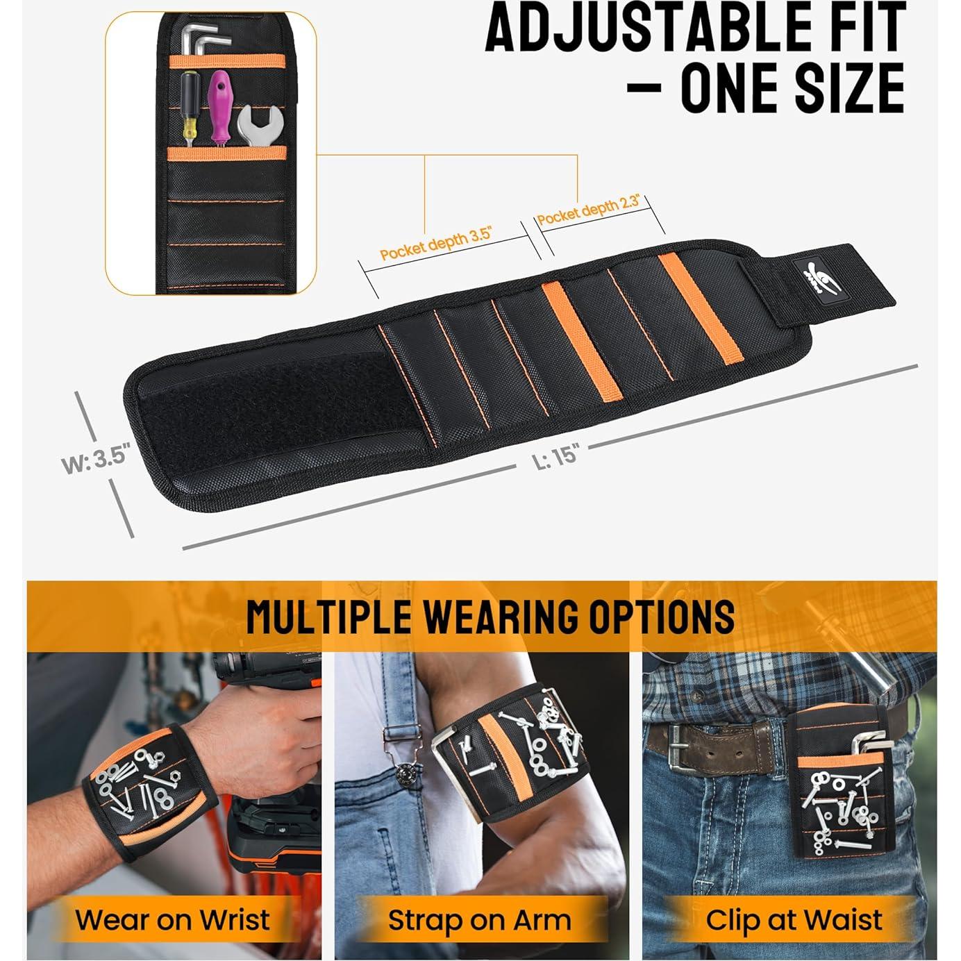 Pulsera Magnética HiRui - 15 Imanes Neodimio, 2 Bolsillos, Negro