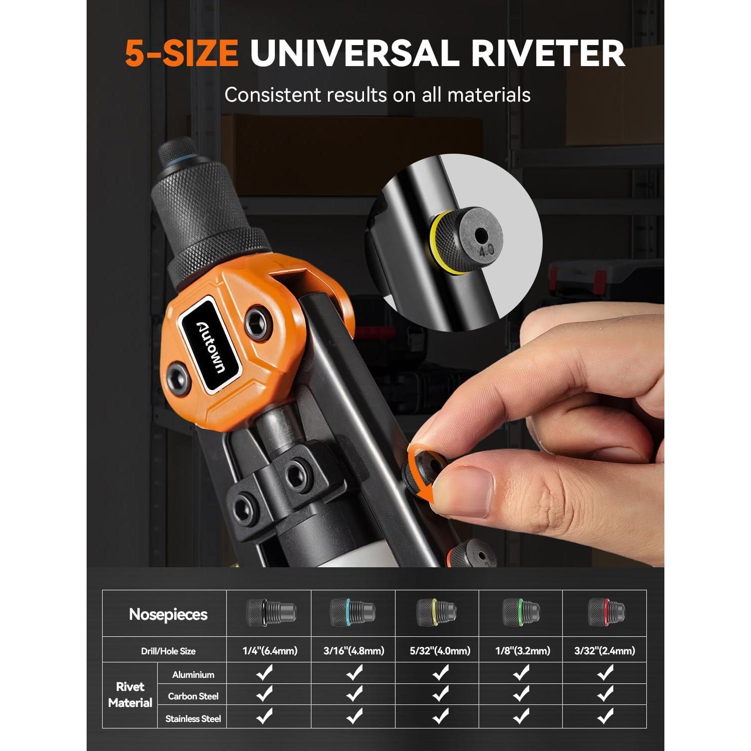 Kit de Remachadora Profesional AUTOWN AR-GK71 con 5 Brocas y Pulsera Magnética