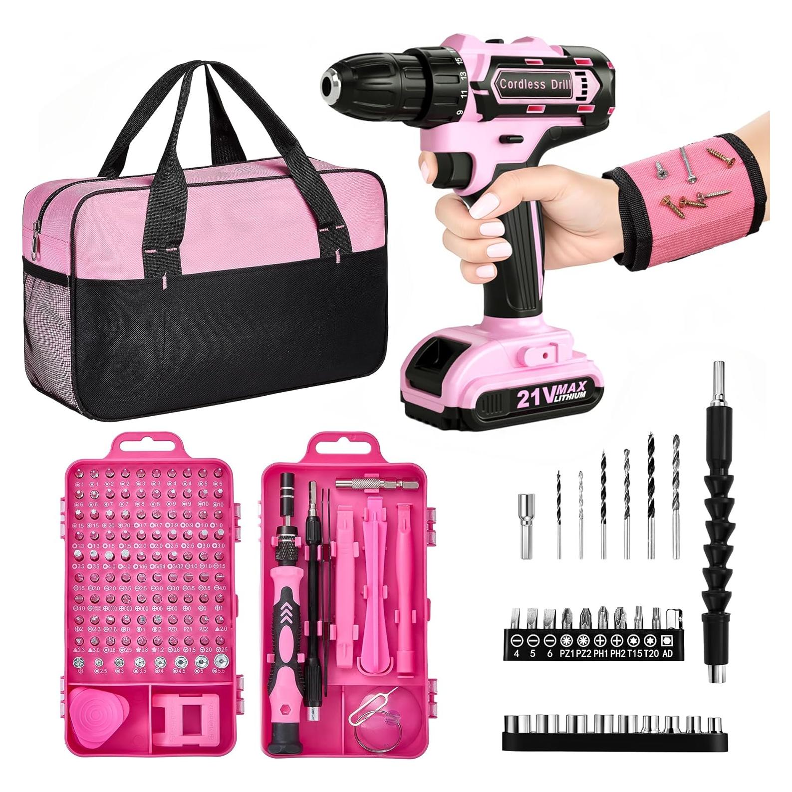 Juego de Taladro Inalámbrico Rosa 21V con 142 Pcs y Bolsa