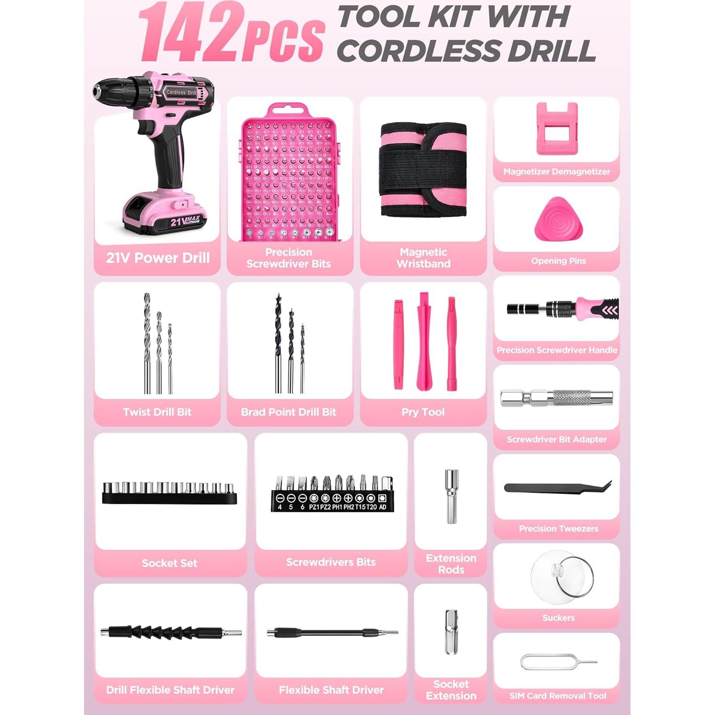 Juego de Taladro Inalámbrico Rosa 21V con 142 Pcs y Bolsa