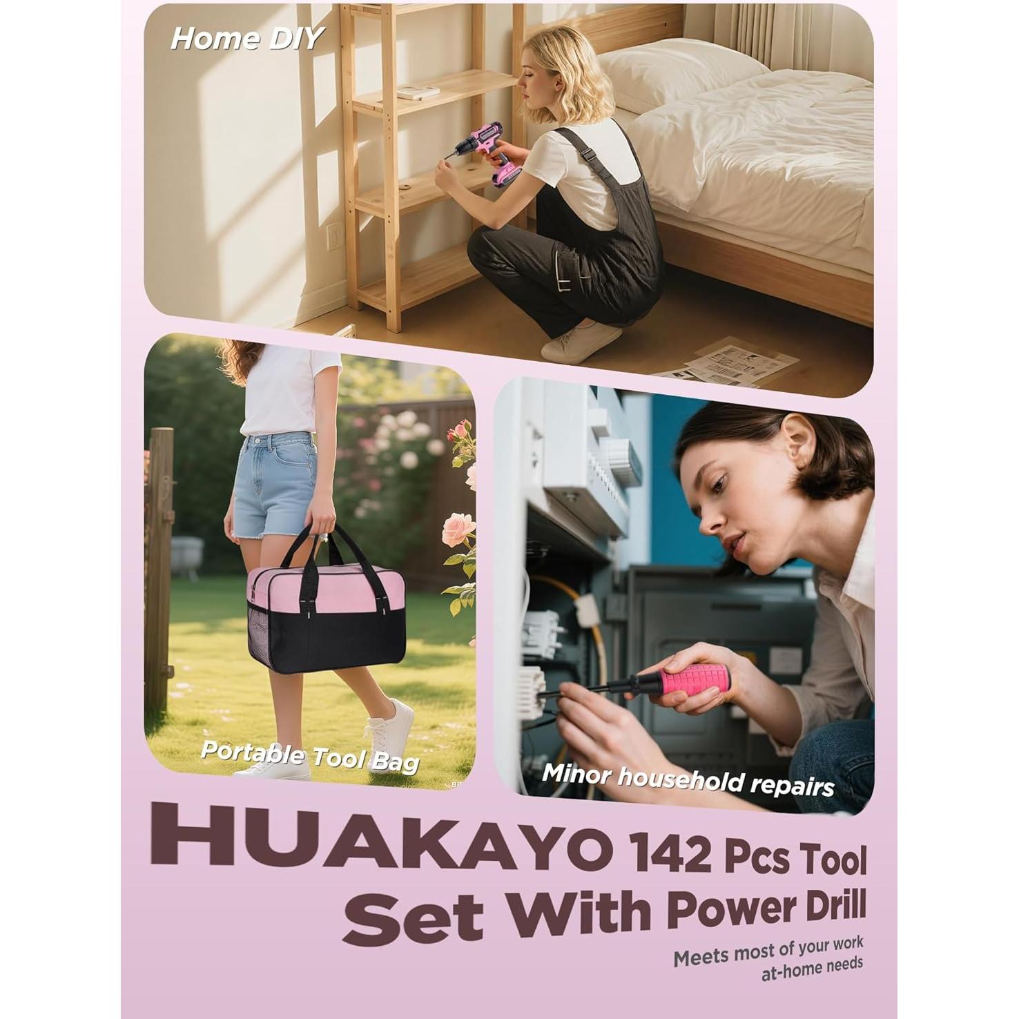 Juego de Taladro Inalámbrico Rosa 21V con 142 Pcs y Bolsa