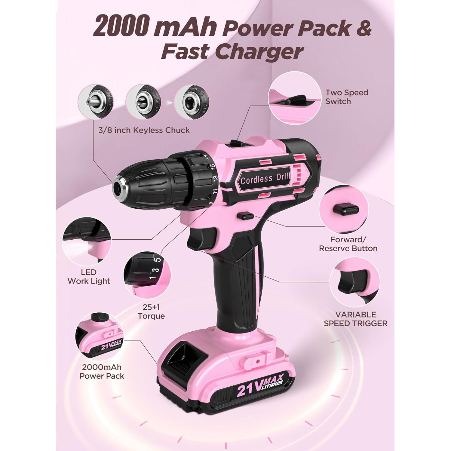 Juego de Taladro Inalámbrico Rosa 21V con 142 Pcs y Bolsa