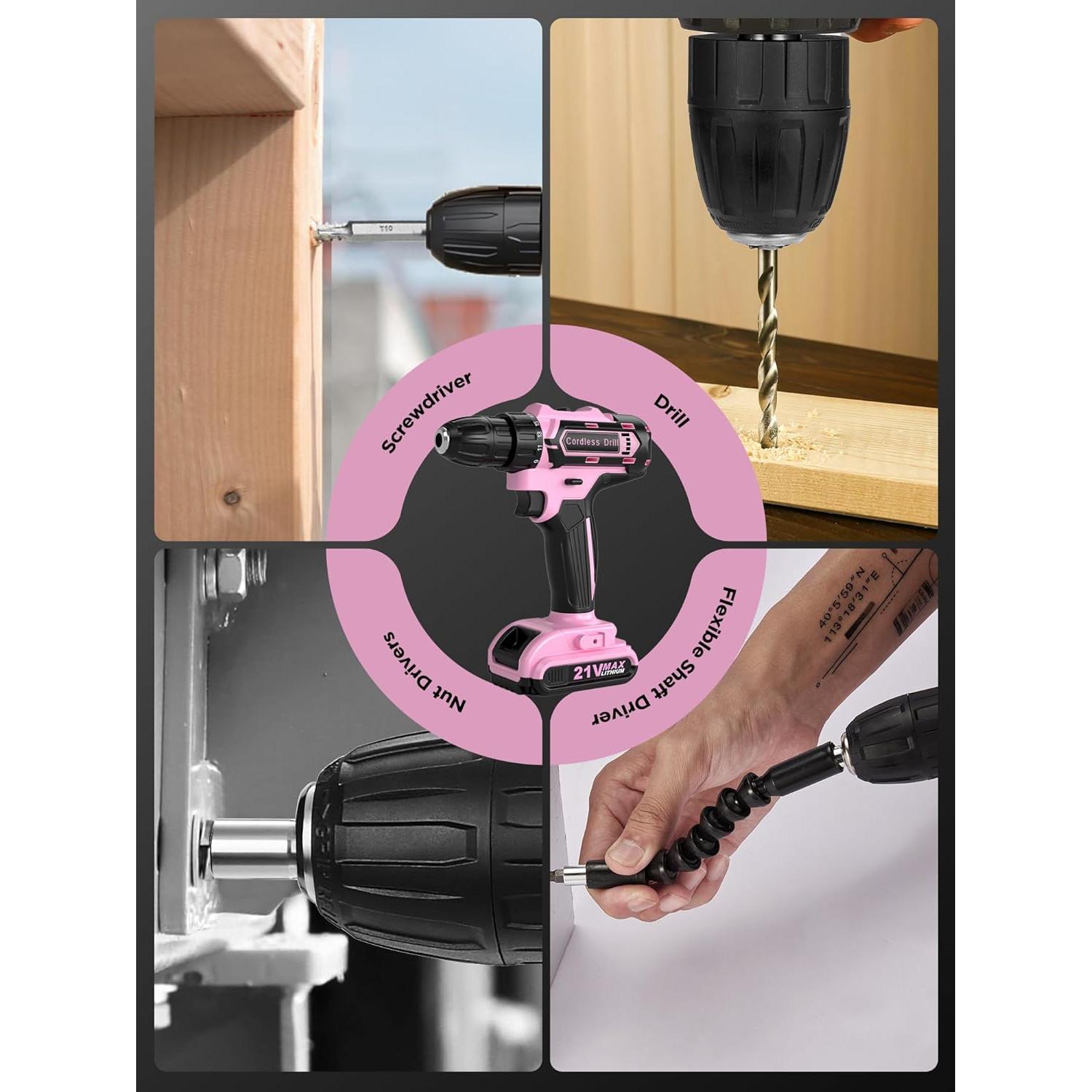 Juego de Taladro Inalámbrico Rosa 21V con 142 Pcs y Bolsa