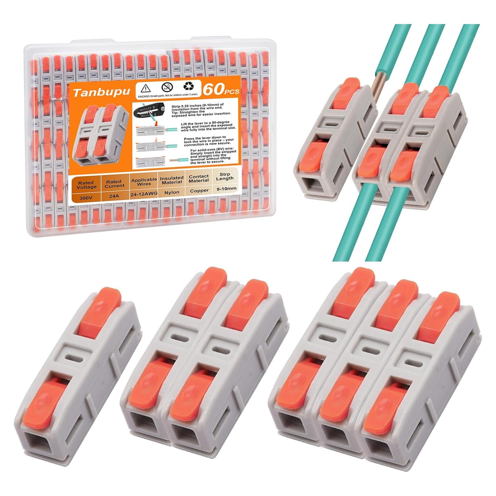 60PCS Lever Wire Connectors, Mini Quick Connectors Electrical Splicing Kit Push-in, Electrical Wire Butt Splice Inline Terminals for Various Circuits, AWG 24-12, 1 in 1 Out