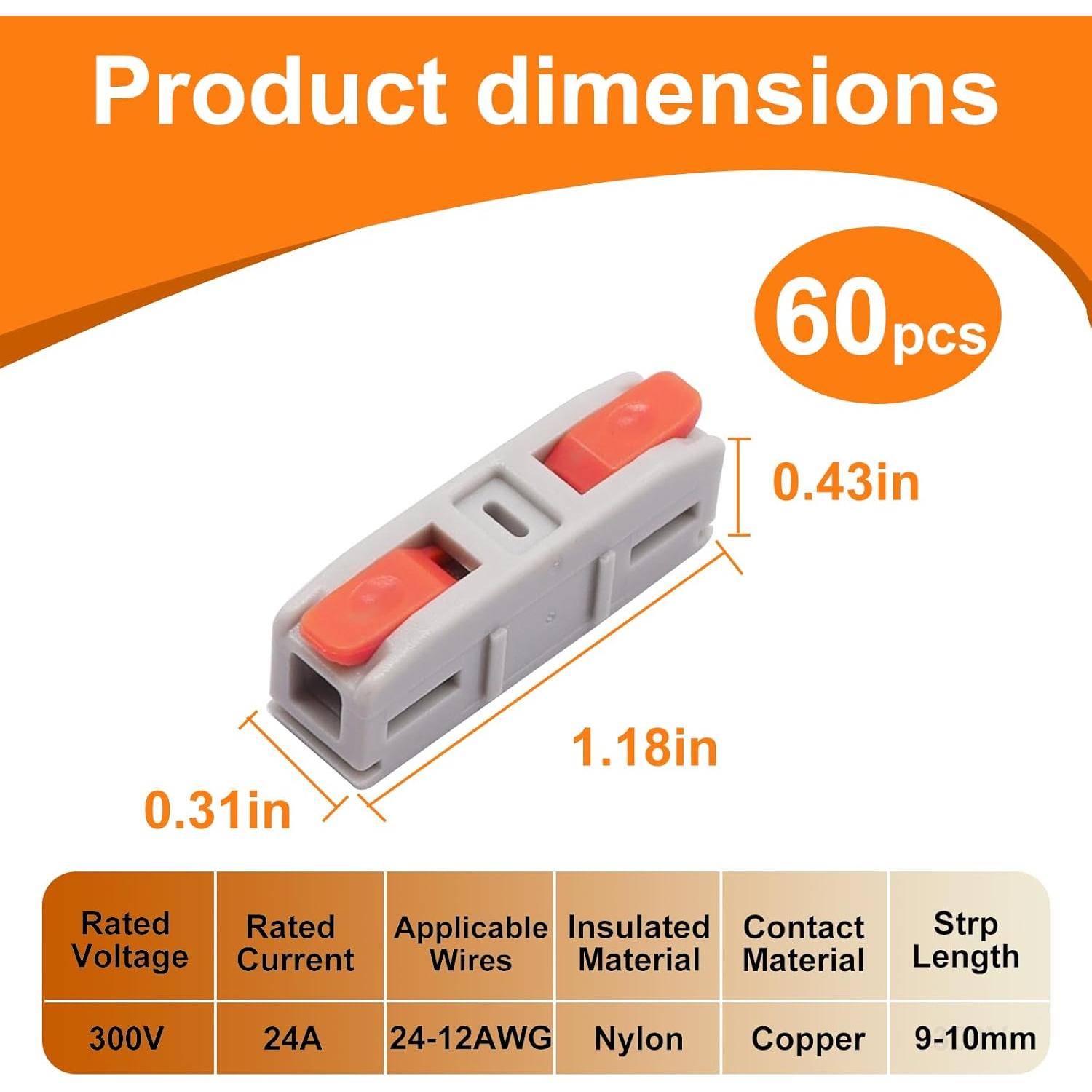 60PCS Lever Wire Connectors, Mini Quick Connectors Electrical Splicing Kit Push-in, Electrical Wire Butt Splice Inline Terminals for Various Circuits, AWG 24-12, 1 in 1 Out