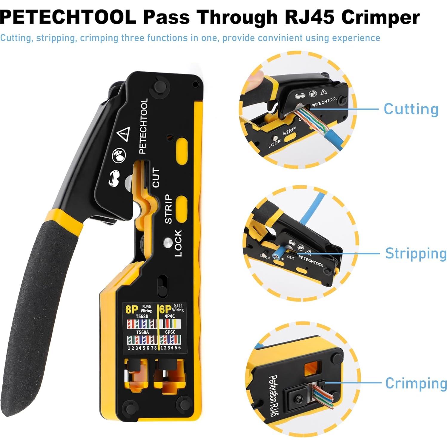 Crimpadora RJ45 PETECHTOOL Kit Completo con Conectores y Pelacables
