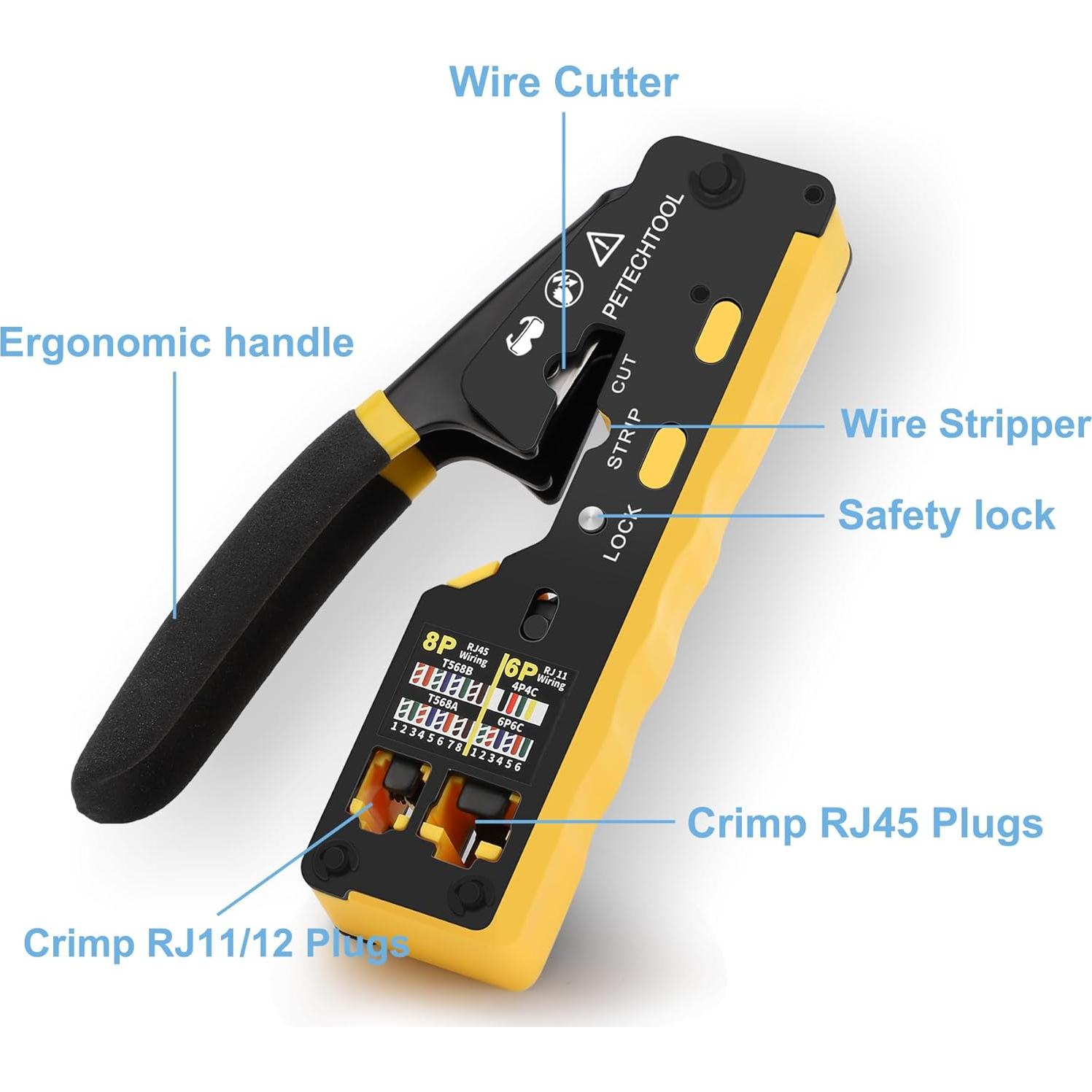 Crimpadora RJ45 PETECHTOOL Kit Completo con Conectores y Pelacables