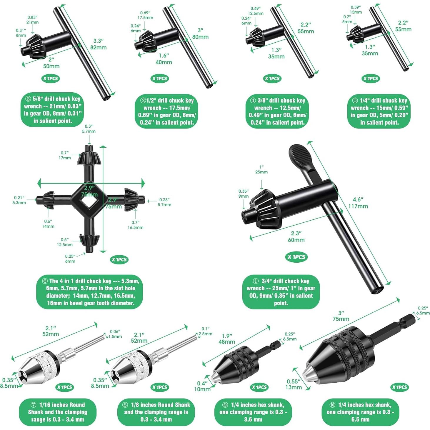 Juego de Brocas Sin Llave 10 Piezas Yauhar Adaptadores 6.35mm