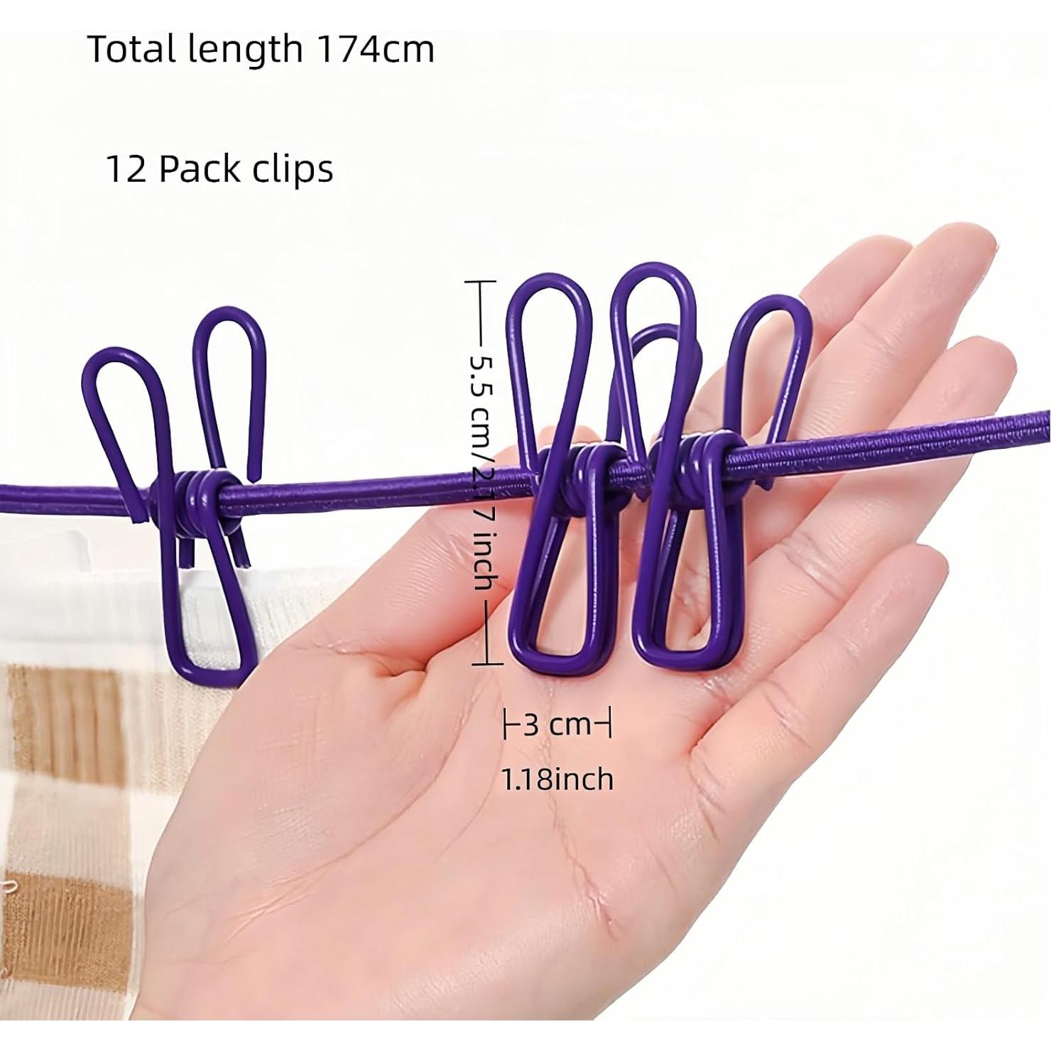 Cuerda de Ropa Portátil FANBODTA 3.66m con 12 Clips Morado