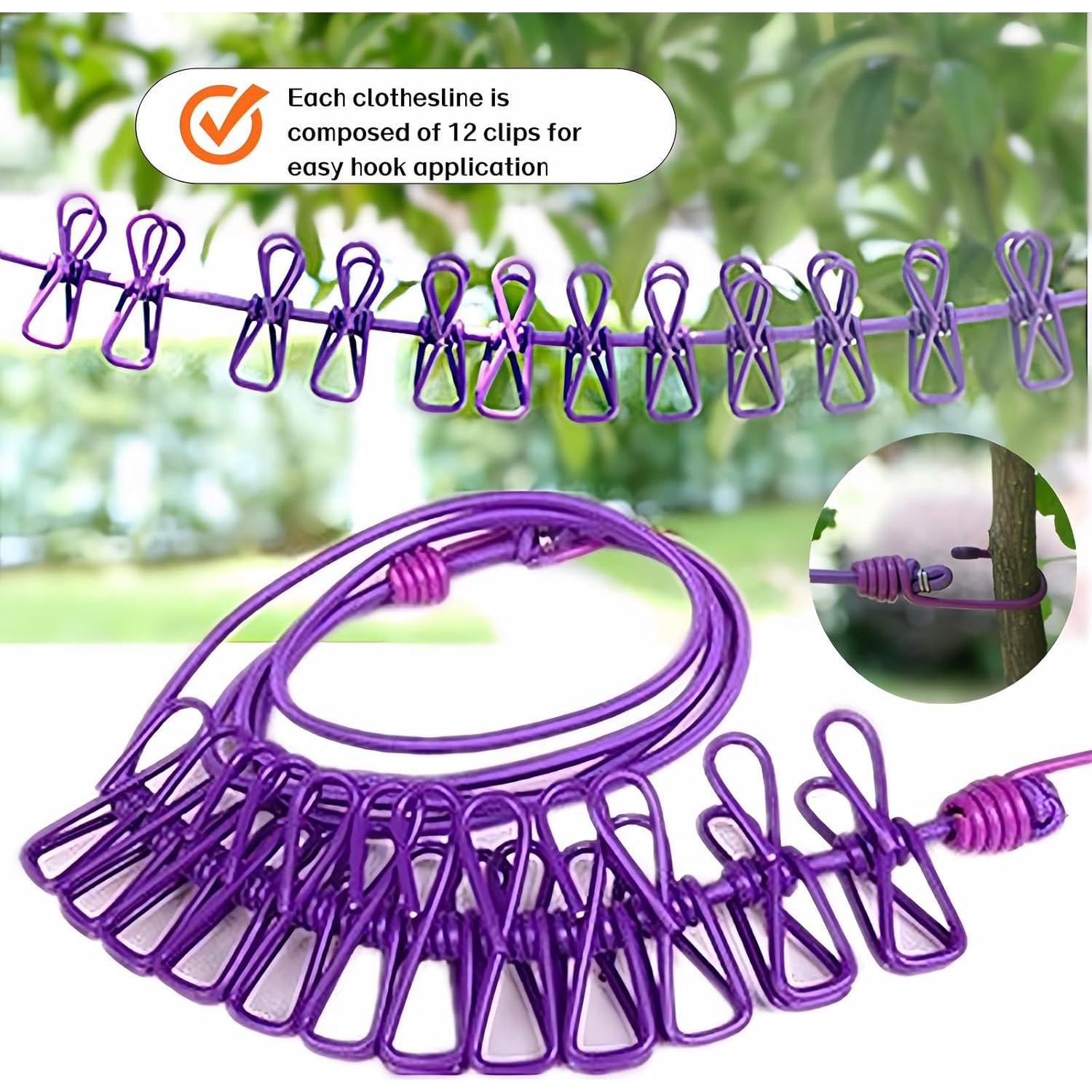 Cuerda de Ropa Portátil FANBODTA 3.66m con 12 Clips Morado
