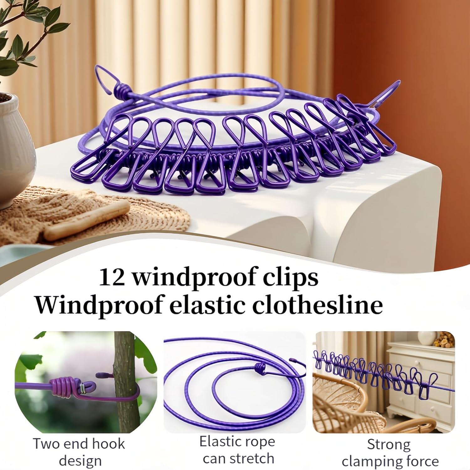 Cuerda de Ropa Portátil FANBODTA 3.66m con 12 Clips Morado