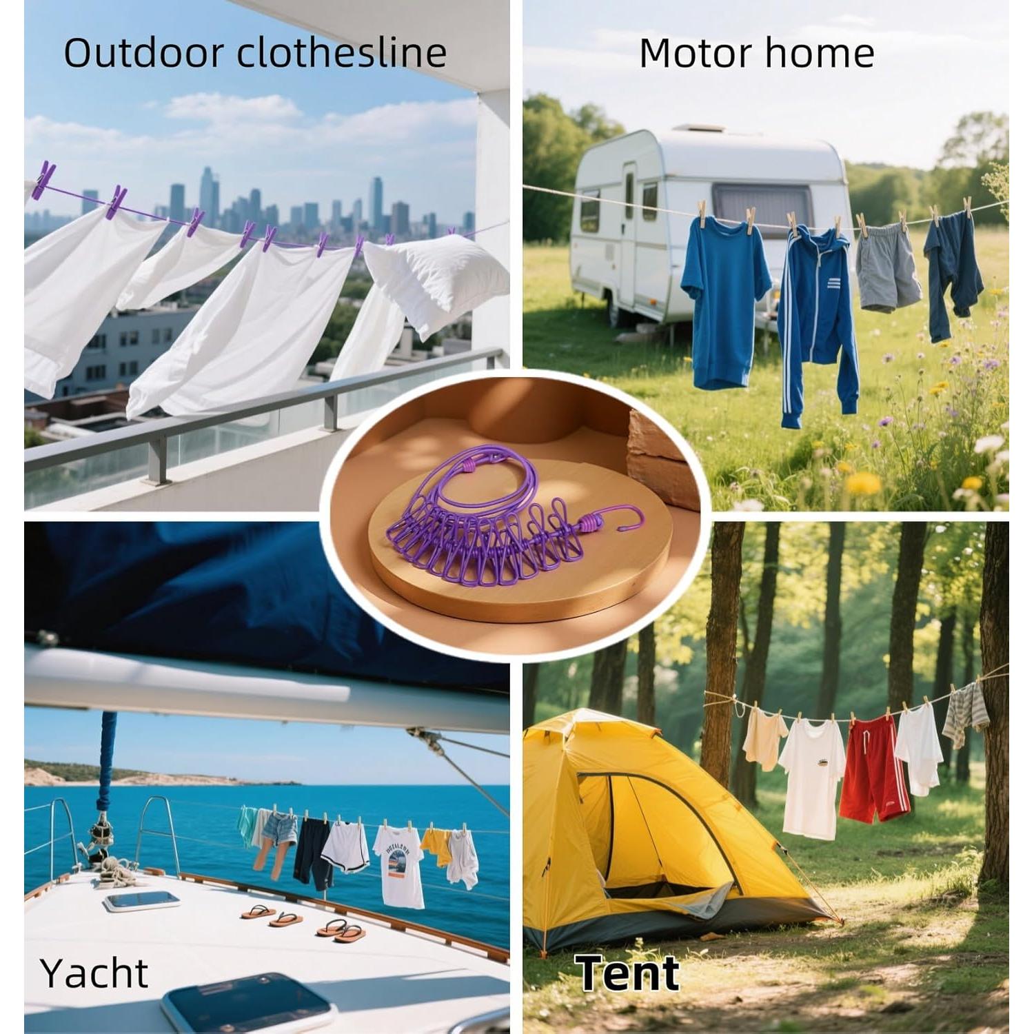 Cuerda de Ropa Portátil FANBODTA 3.66m con 12 Clips Morado